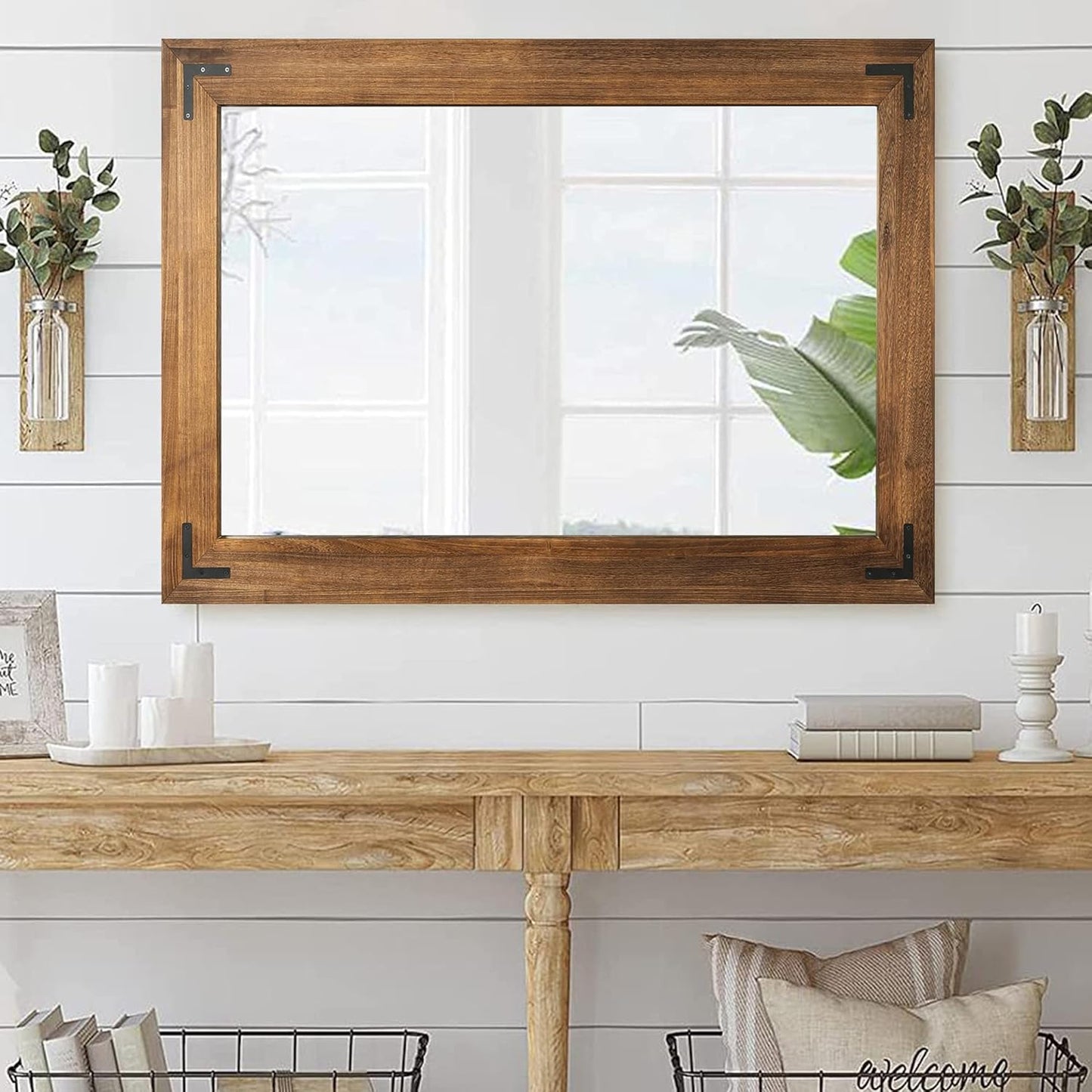 YOSHOOT Rustic Wooden Framed Wall Mirror, Natural Wood Bathroom Vanity Mirror for Farmhouse Decor, Vertical or Horizontal Hanging, 72" x 36", Brown