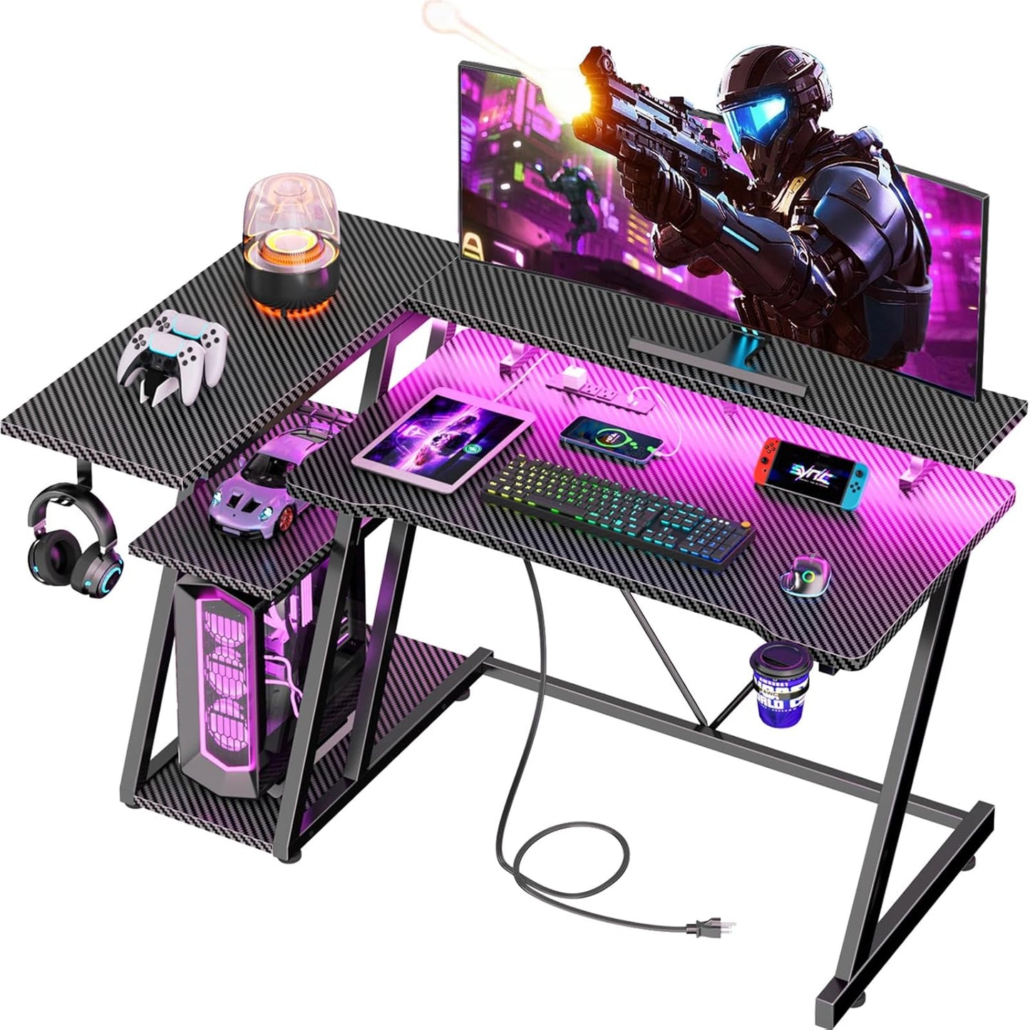 40 Inch Gaming Desk with Power Outlet & LED Lights, L Shaped Computer Gaming Table with 3 Tiers Storage Shelves, Corner Gamer Desk with Monitor Stand for Small Space, Carbon Fiber Black