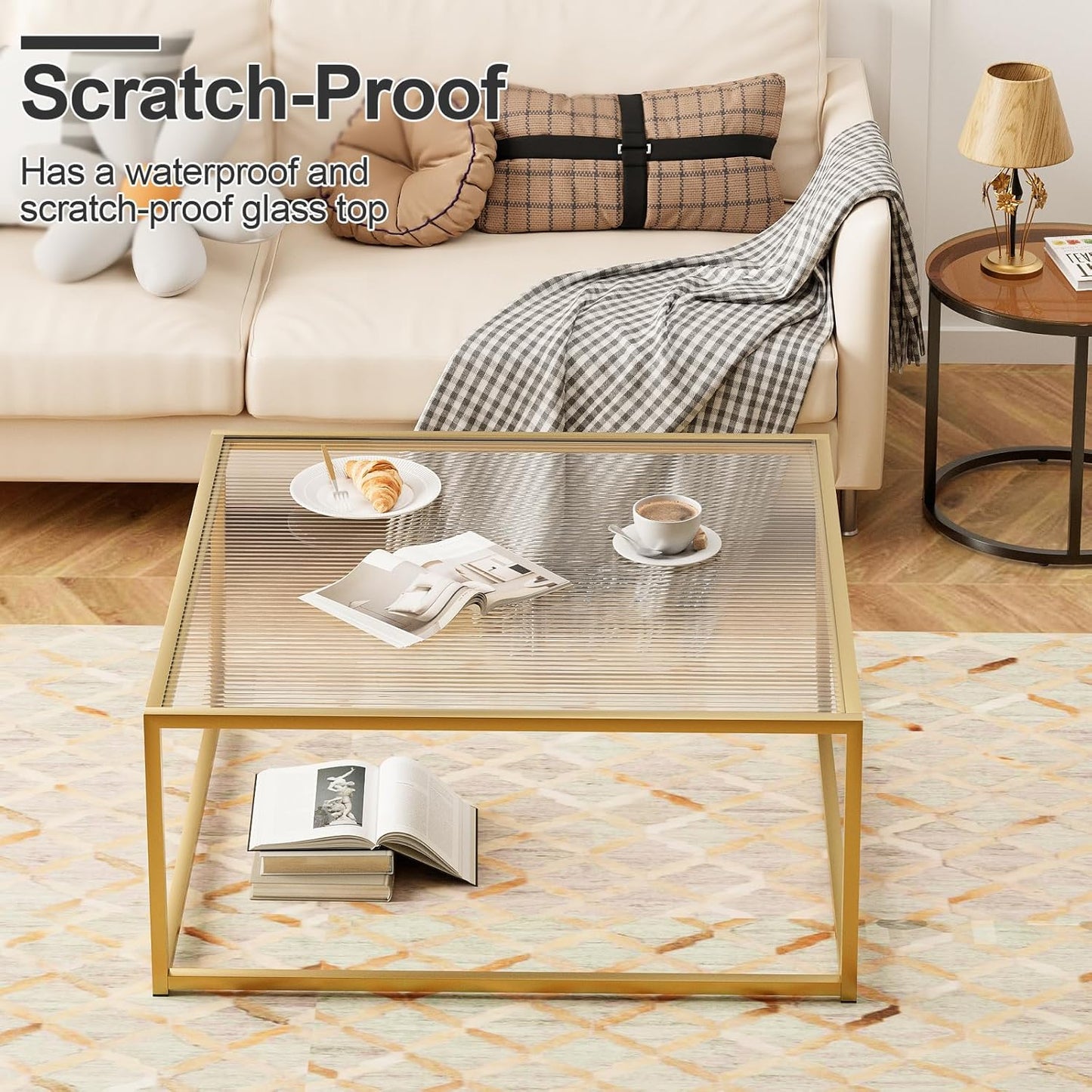 Glass Coffee Table Modern Center Table,Minimalist Coffee Table Sofa Side Tea Table for Living Room,Tempered Glass-top with Sturdy Metal Frame, Easy Assembly,26.4 x 26.4 x 15.7 Inches, Gold