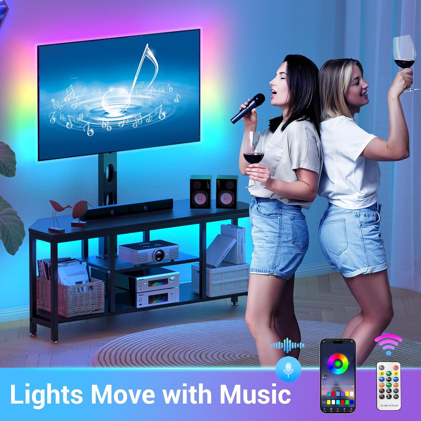 Corner TV Stand with Mount LED - Universal TV Mount Stand for 32-65" TV, Height Adjustable Swivel TV Console Wood & Steel Entertainment Center with Mount, Cabinet, Power Outlet, Colorful Light, Black