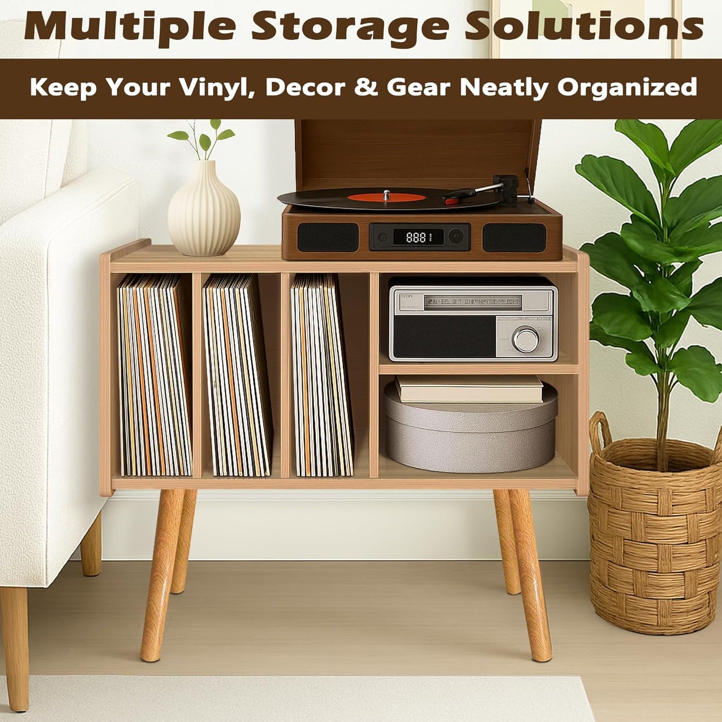 Record Player Stand with Vinyl Storage, Wooden Record Player Table with 5 Cabinet, Large Vinyl Record Player Stand, Record Player Holder, Record Player Shelf for Office Living Room, Oak