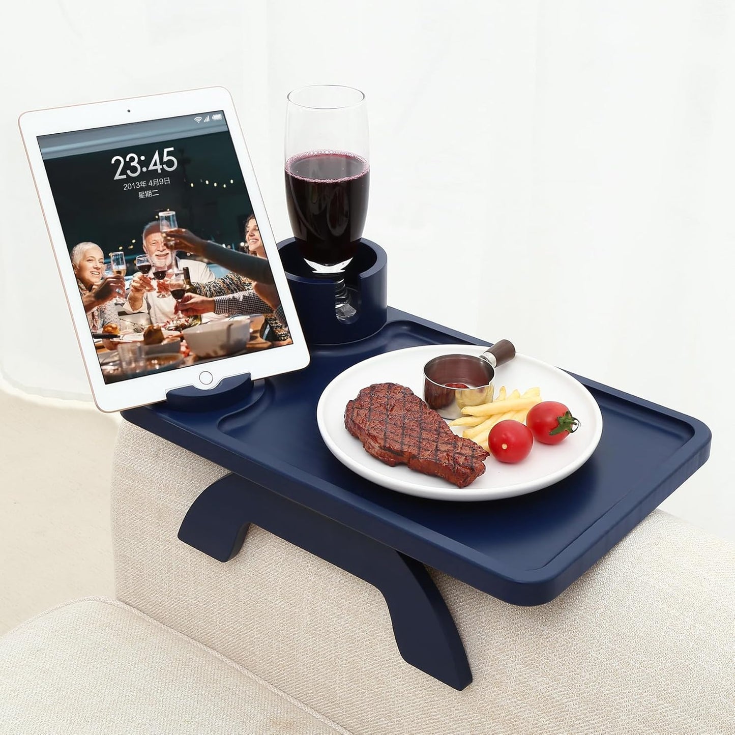 Nnewvante Couch Cup Holder,3 in 1 Large 15.36""x9.85"" Bamboo Sofa Arm Clip on Tray Table with 360°Rotated Phone/Drink Holer, Navy Blue, CAT39252