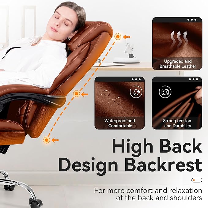 Office Chair, Executive Leather Chair Adjustable High Back, Ergonomic Computer Desk Chair Lumbar Support, Big and Tall Office Chair with Footrest, Comfy Reclining Chair for Home Office