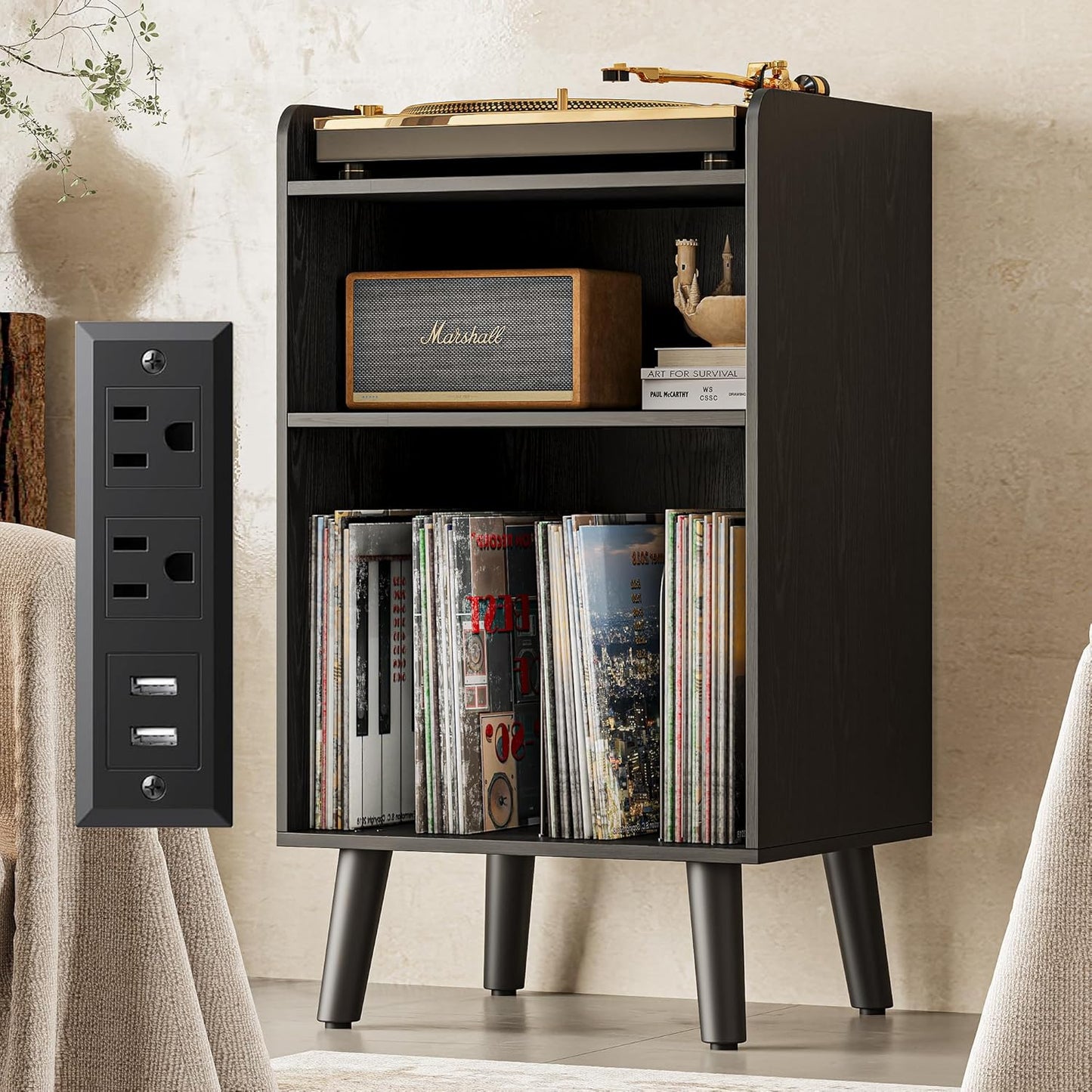 Record Player Stand, Turntable Stand with Record Storage and Charging Station & USB Ports, Record Player Table with Metal Divider, Record Stand Up to 120 Albums for Living Room, Bedroom Black