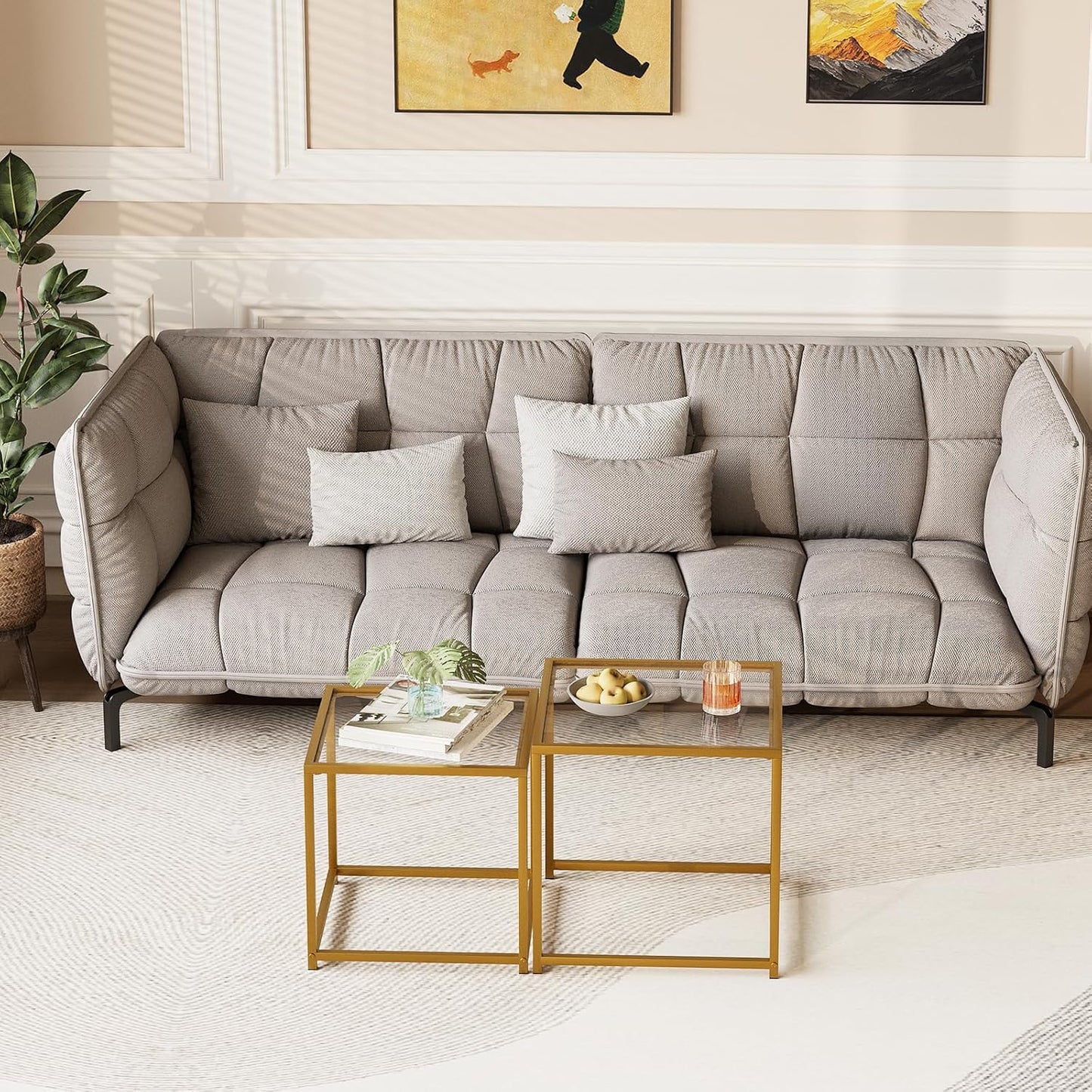 Garden 4 you Coffee Table Set of 2, Modern Glass Nesting Table, Metal Frame Square Center Table Set, Side Tables, Nesting Coffee Table for Living Room, Bedroom and Small Spaces, 19.7in Gold