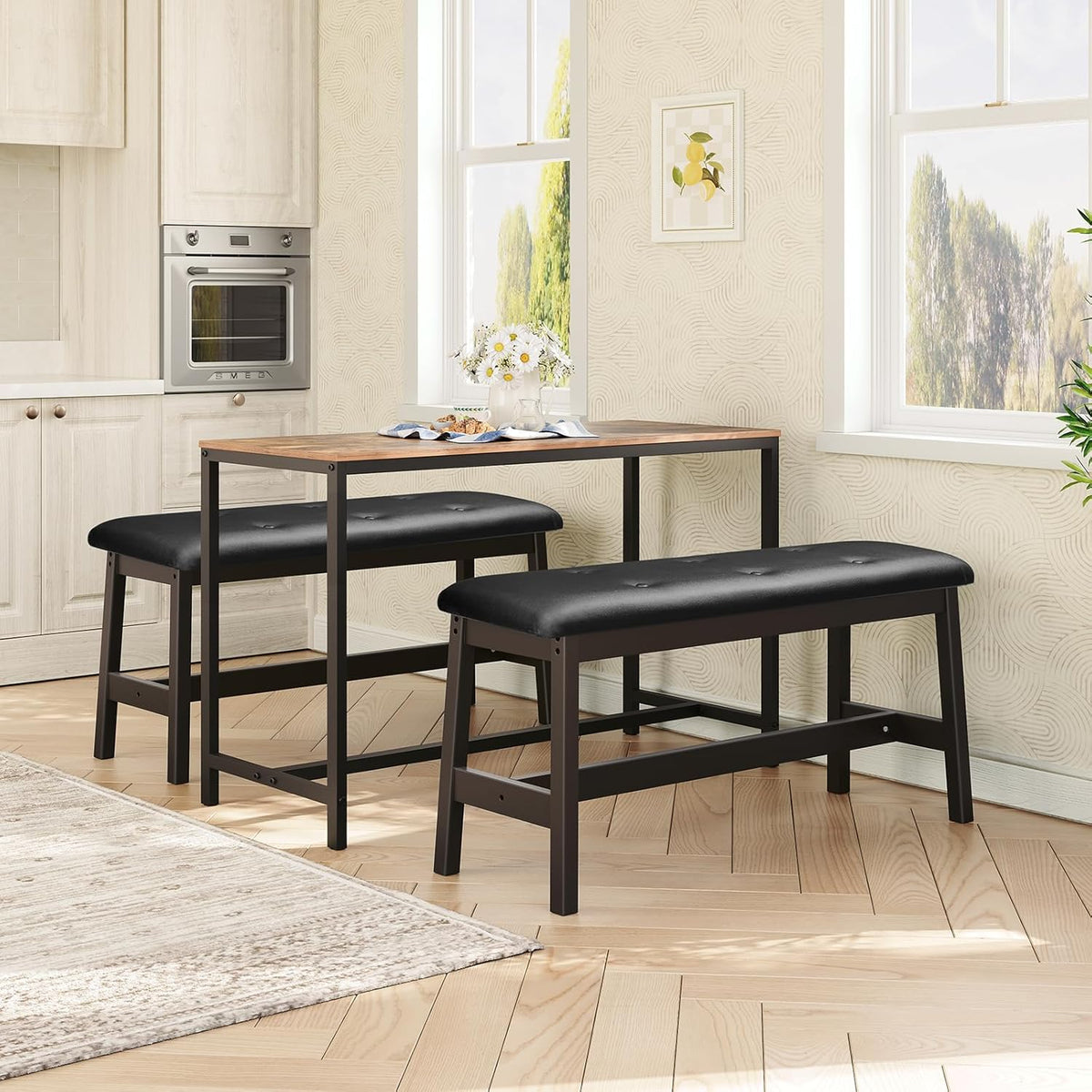 HOOBRO Dining Bench, Bamboo Dining Room Bench with PU Leather Upholstered Seat, for Kitchen, Living Room, Hallway, Kitchen, Entryway, Brown and Black CB13CD01