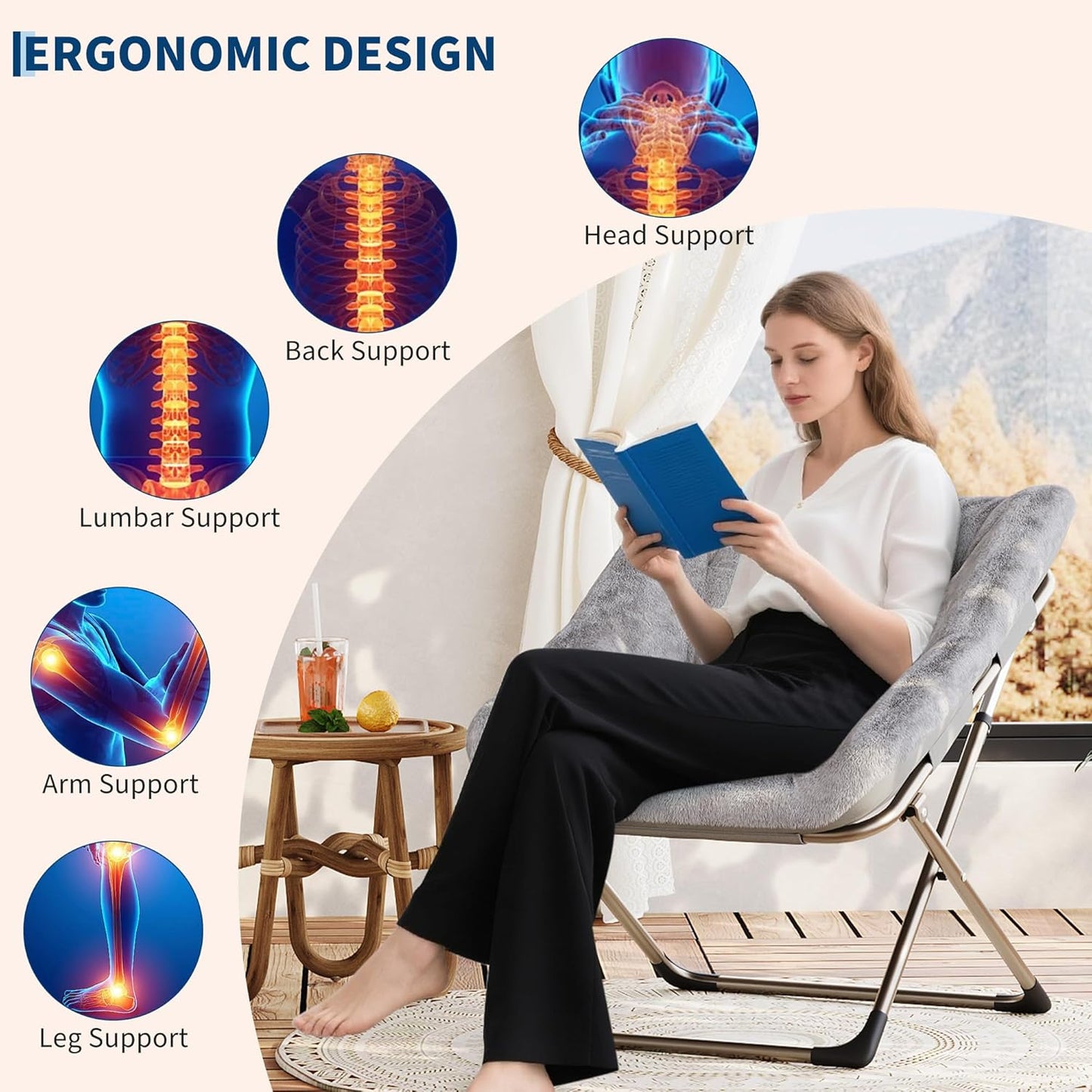 Comfy Chair for Adults, Foldable Living Room Chairs, Soft Faux Fur Folding Lounge for Bedroom Living Room Dorm Rooms, Flexible Reading Chair for Teens (2, Gray, X-Large)
