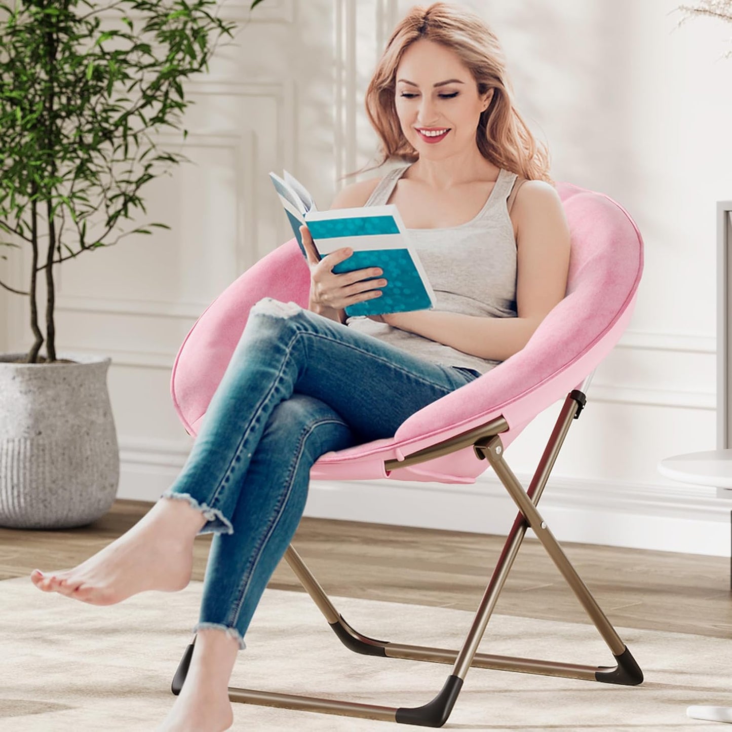 Comfy Saucer Chairs, Pink Folding Reading Lounge Chair, Cozy Faux Fur Living Room Chair with Soft Thick Padded Seat & Metal Frame, Modern Style Bedroom Home for Kids Adults, X-Large, Gold Legs