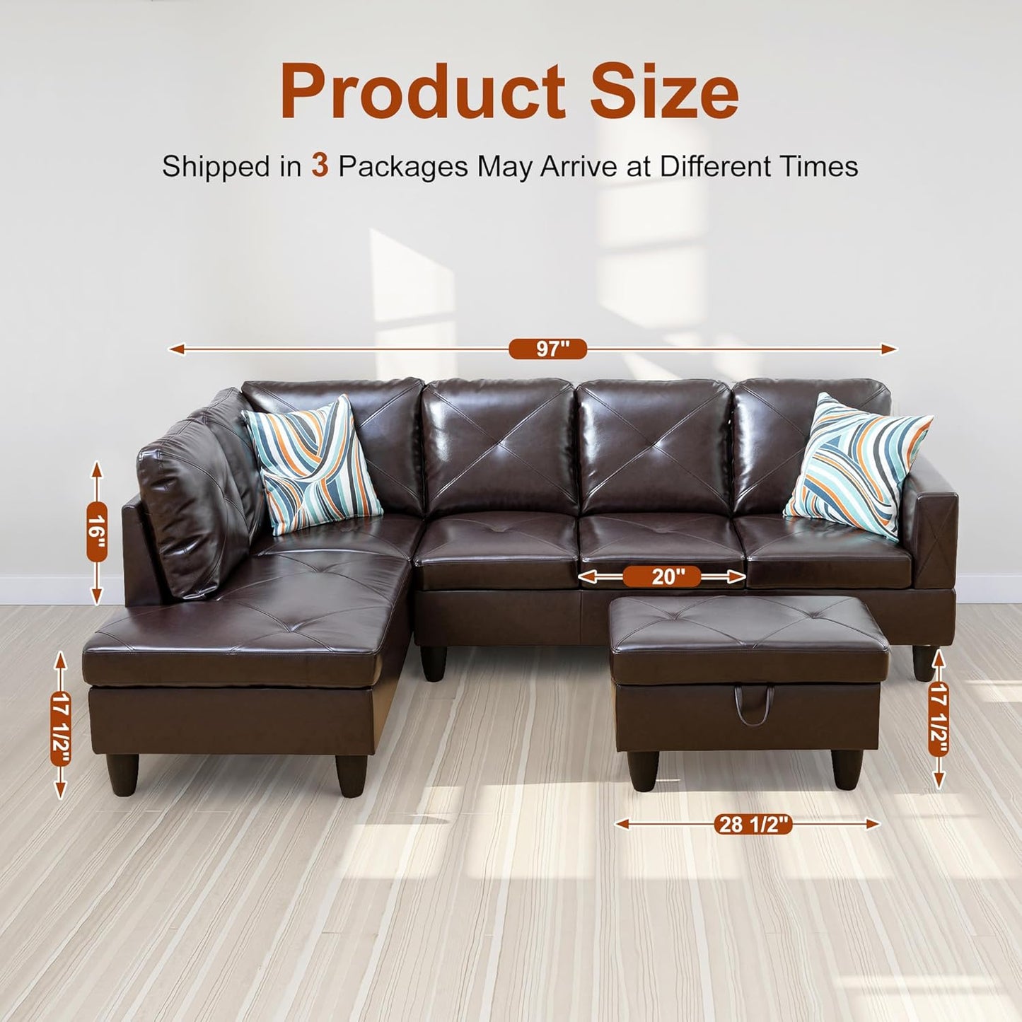 Osparple L Shaped Couch Faux Leather Sectional Couches for Living Room Upholstered 3 Pieces Modular Sectional Sofa with Chaise, Ottoman with Storage for Living Room and Small Apartment, Brown