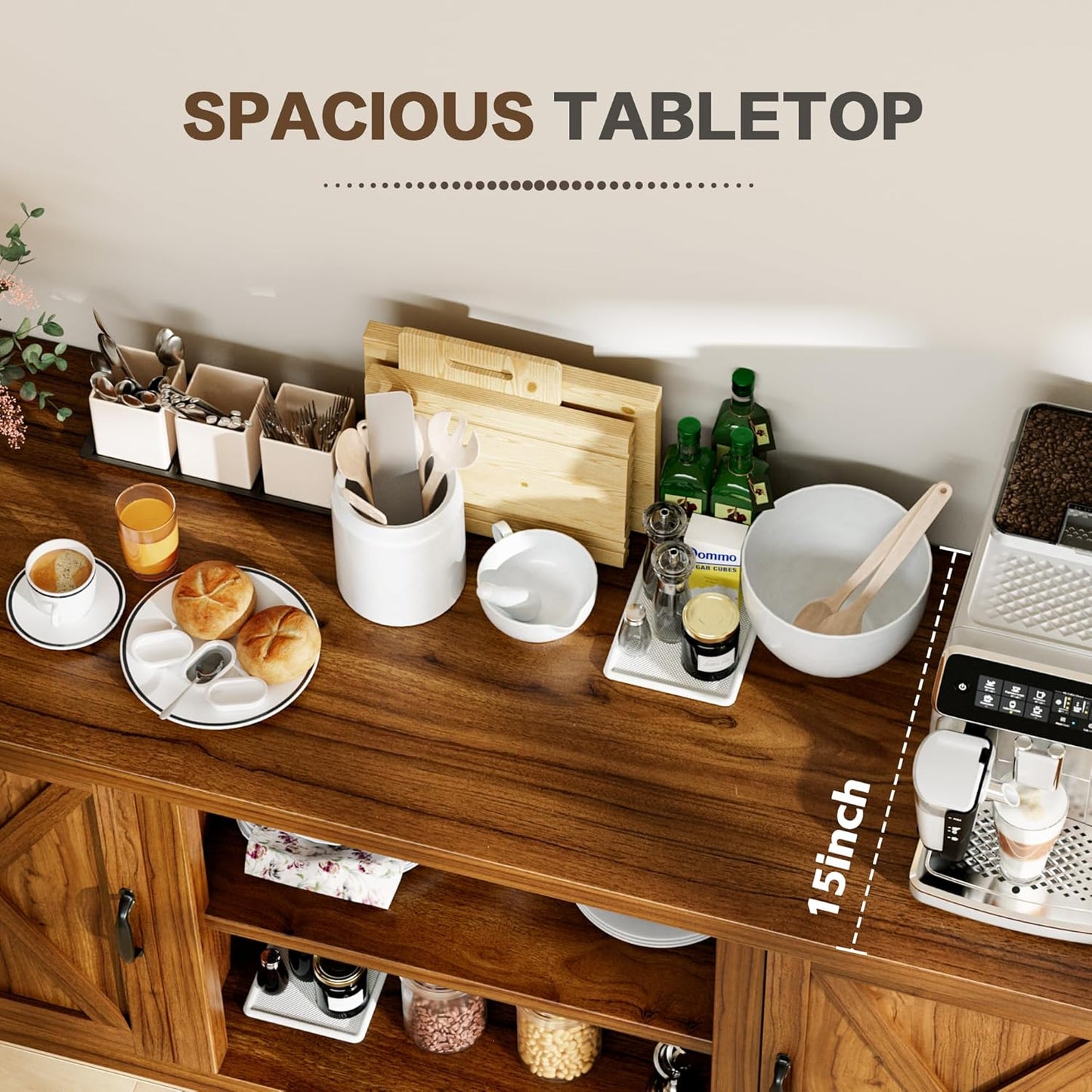 YESHOMY Farmhouse Buffet & Sideboard, 58" Kitchen Storage Cabinet with Adjustable Shelves & Doors, Wood Coffee Bar for Living Room, Entryway, Brown