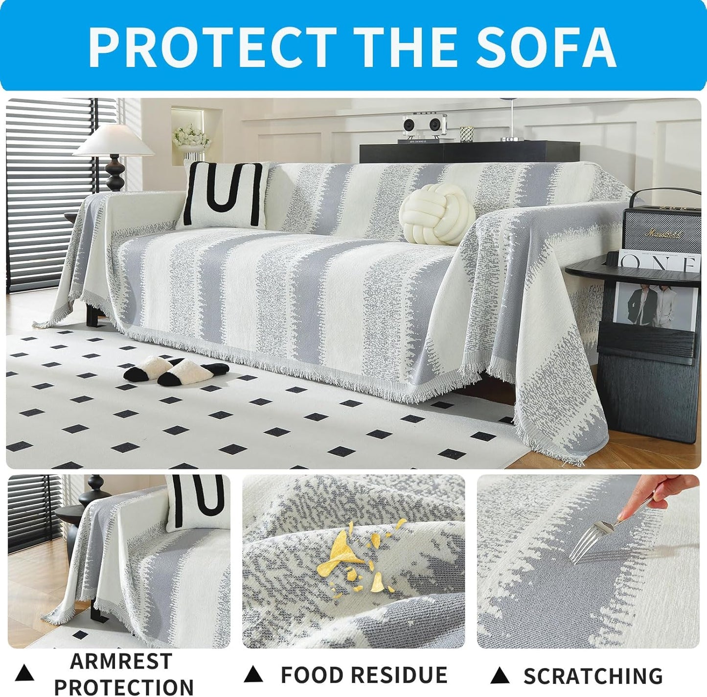 LUFEIJIASHI Boho Couch Covers for Sofa Non Slip Sofa Covers Washable Couch Covers for 3 Cushion Couch Sofa Pet Friendly Sectional Couch Cover Blanket Furniture Protector for Dogs (Grey, 91"x150")