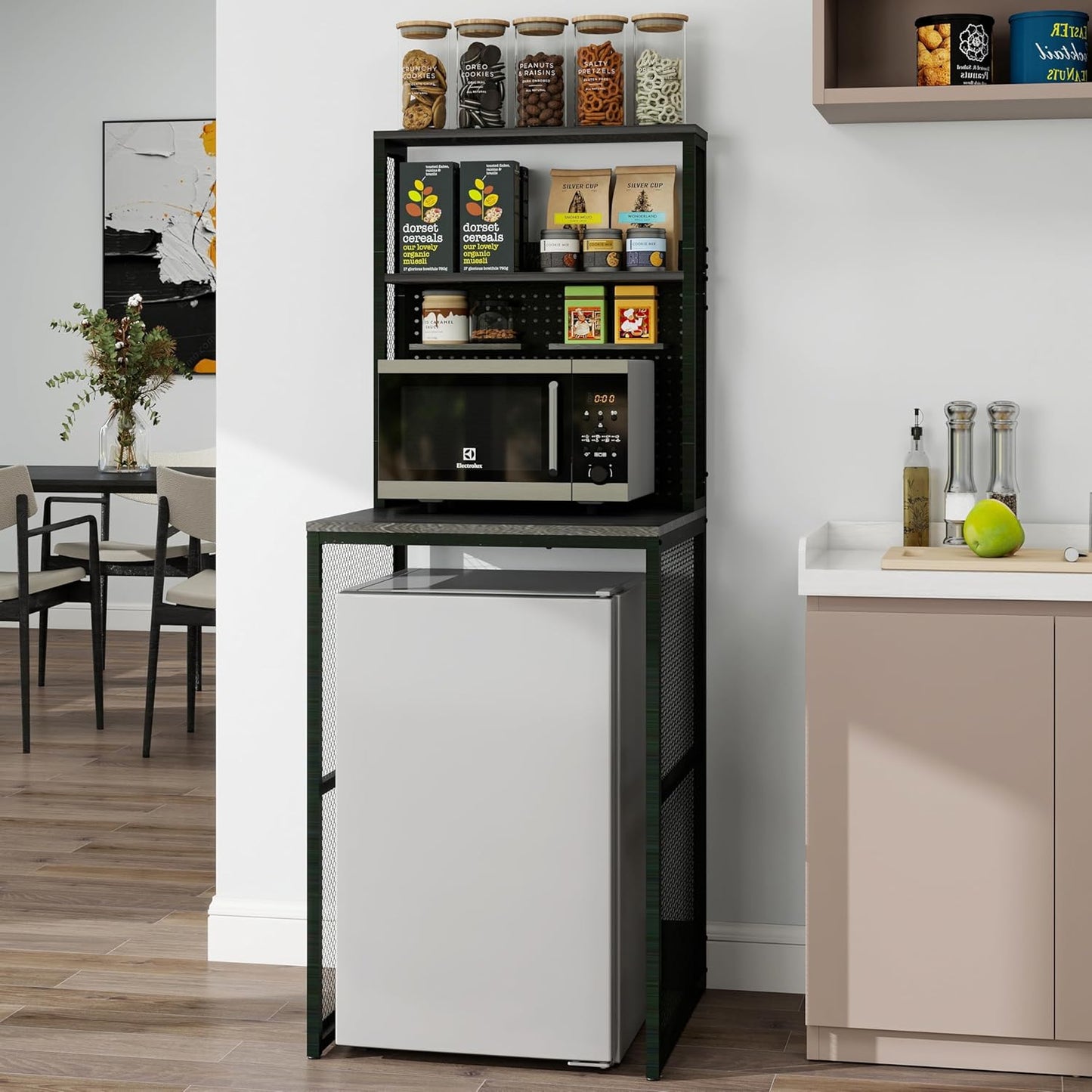 Mini Fridge Stand Shelf with Storage, Bakers Rack Coffee Bar Table Microwave Oven Stand with Mini Fridge Space for Home Kitchen Dorm, Slate Grey