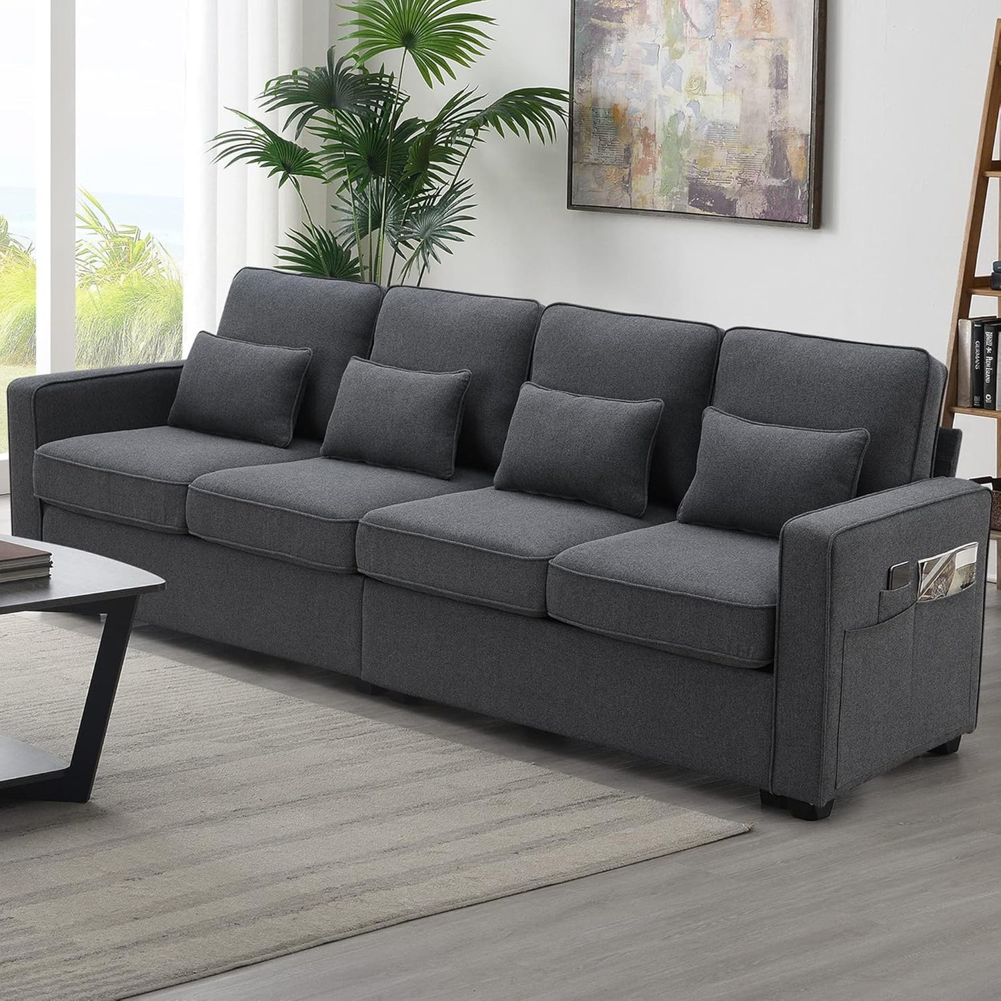104" 4-Seater Modern Linen Fabric Sofa with Armrest Pockets,Minimalist Style Wood Frame Couch,w/ 4 Pillows,for Living Room,Apartment,Office,Dark Grey