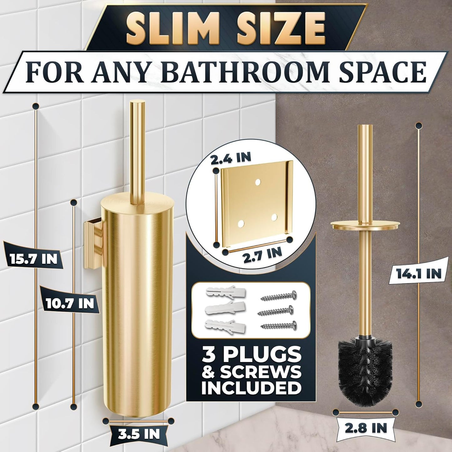 Gold Toilet Brush and Holder Set with Wall Mount - Modern Wall Mounted Toilet Brush Made from Corrosion-Resistant Stainless Steel - Removable Inner Bowl, Splash Protection & Dense Bristles Supplied