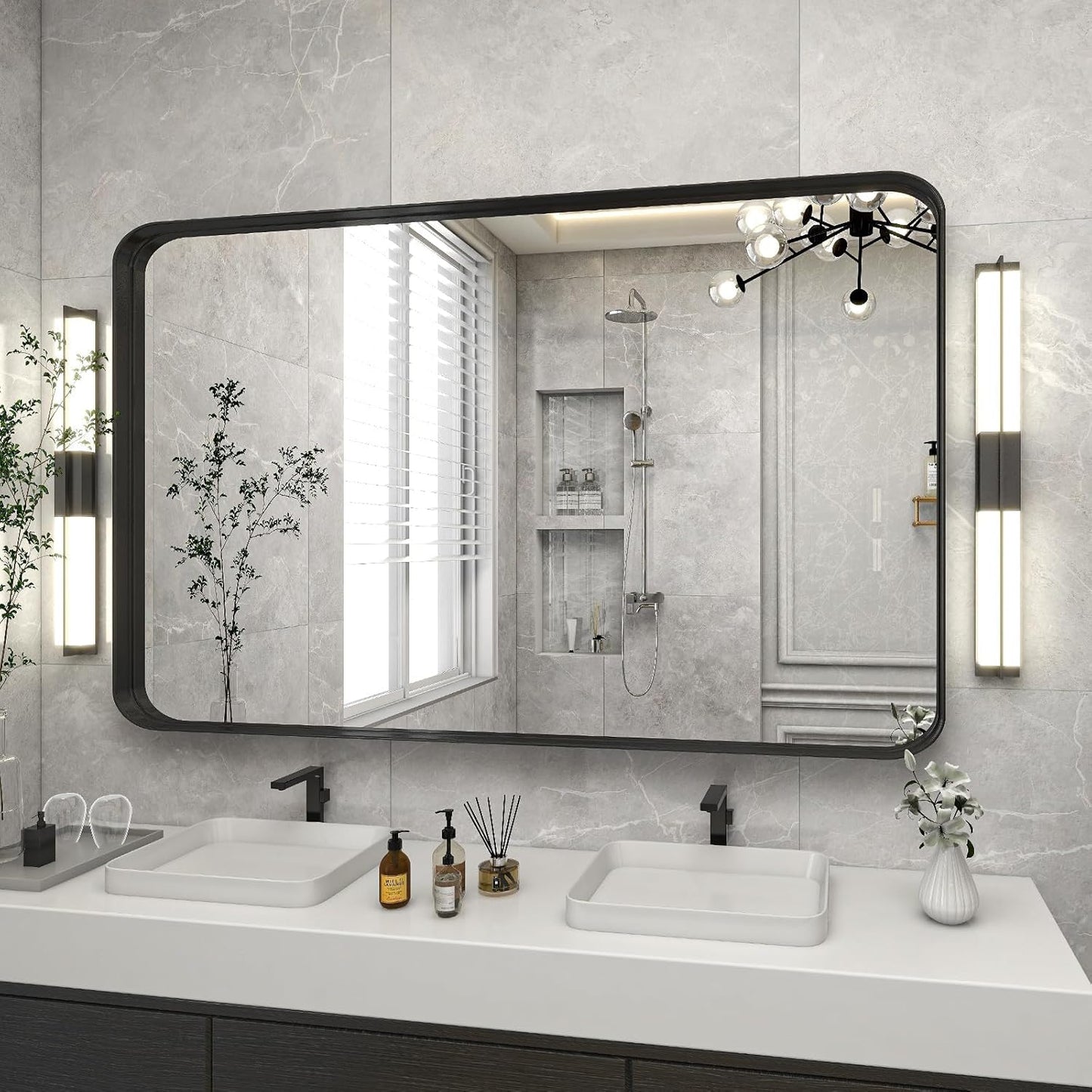 Bathroom Mirror 30x48 inch, Black Gorgeous Deep Frame Wall Mirror, Modern Round Corner Bathroom Vanity Mirror for Bedroom, Living Room, Hanging or Leaning Horizontal or Vertical, Black