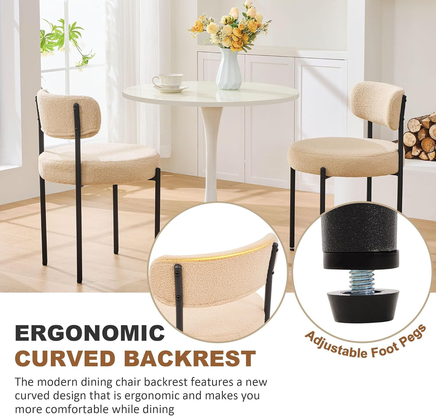 Dining Chairs Set of 6, Beige Boucle Dining Chair, Curved Backrest Upholstered Dining Room Chairs with Black Metal Legs, Mid Century Modern Dining Chairs for Kitchen, Living Room, Beige