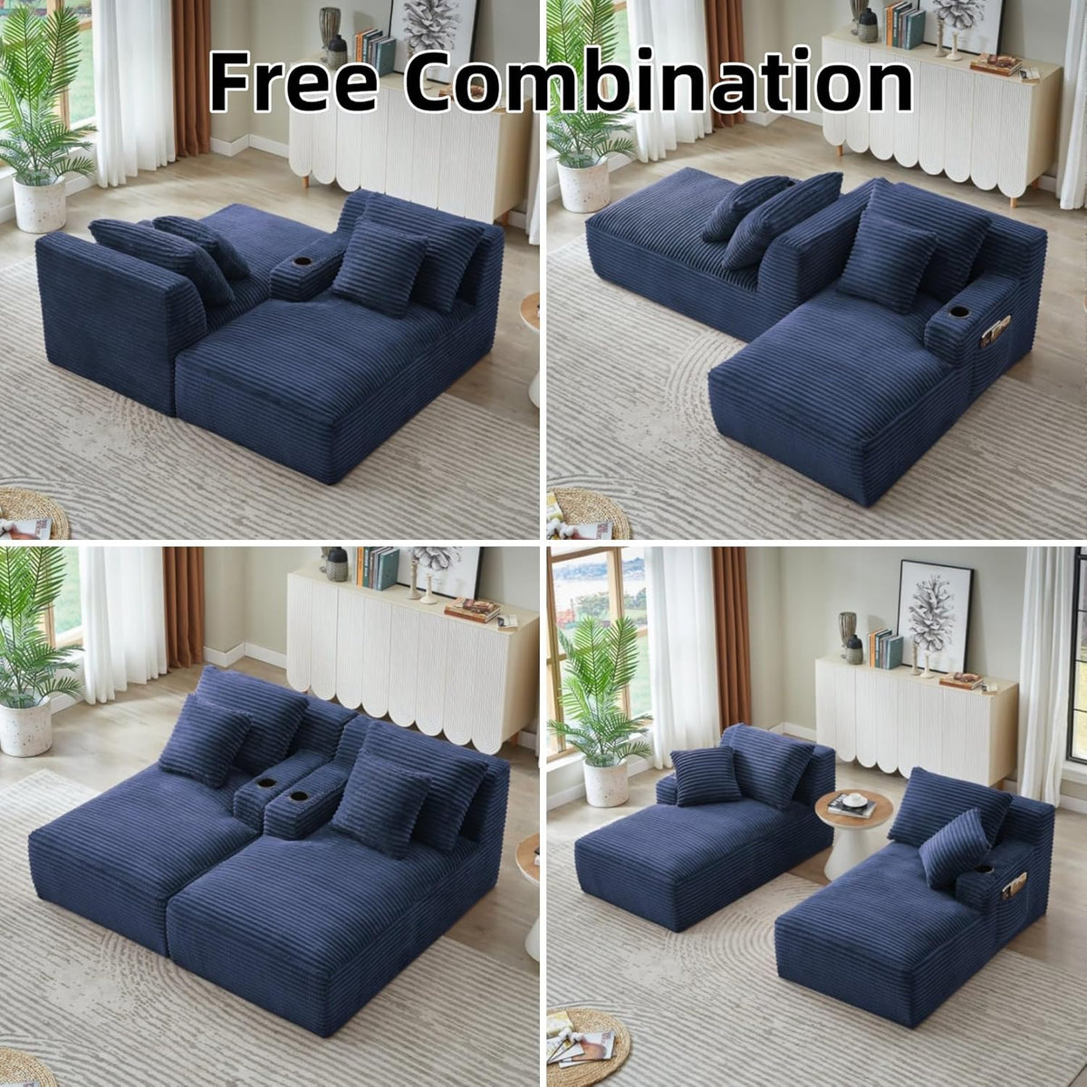 Oversized Sectional Double Chaise Lounge, Compressed Boneless Lounge Chaise with Cupholders, Boneless Sofa with Deep Seat, Fluffy Modern Sleeper Loveseat for Indoor Living Room, Blue