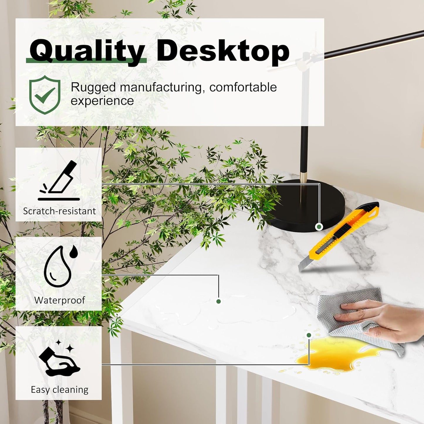 35 inch Folding Small Desk, Writing Gaming Computer Camping Desk for Small Spaces, No Assembly Required Home Office Table, White Marble