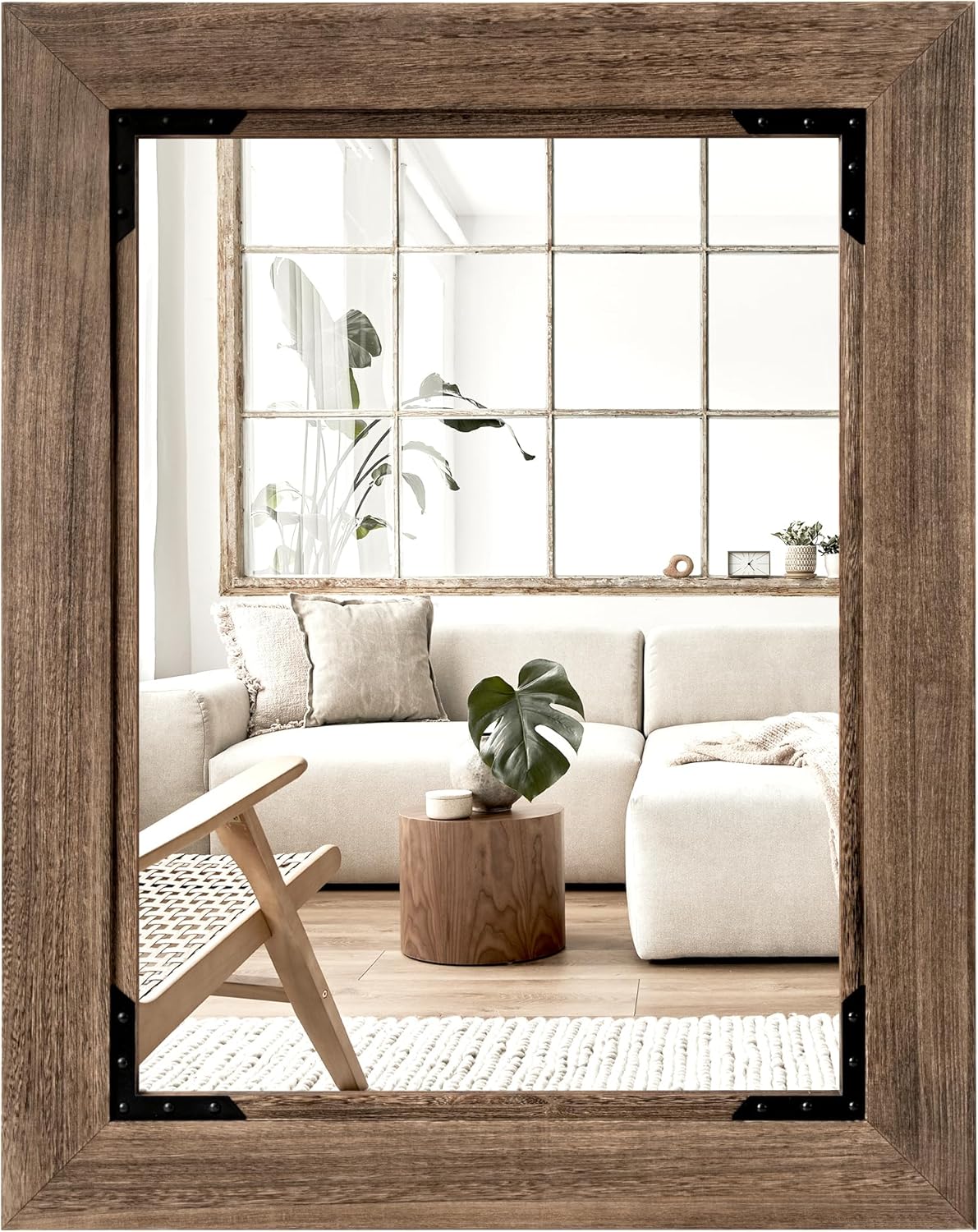 28"x36" Solid Wood Bathroom Mirror Tempered Glass for Wall Mounted, Rustic Wood Frame Wall Mirror Decorative for Living Room Bedroom Vanity Mirror, Rustic Brown