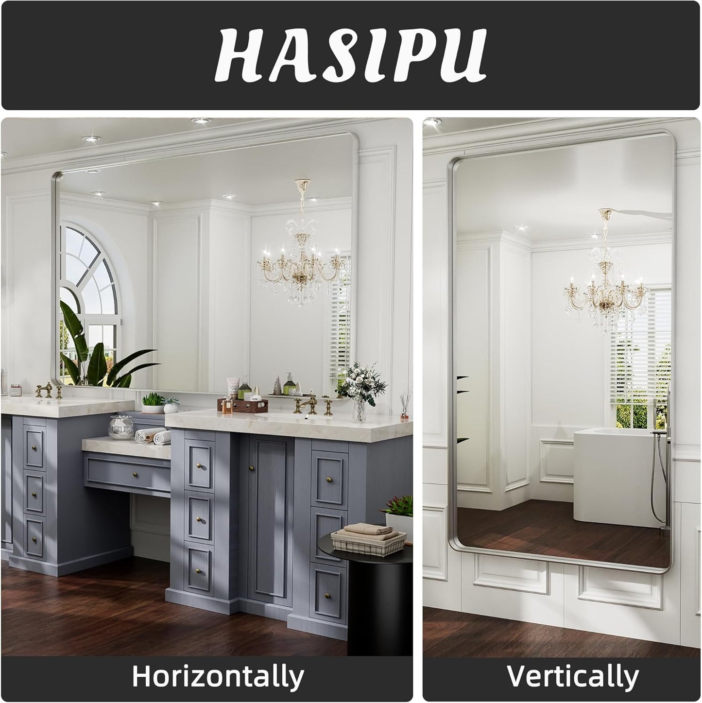 Hasipu 55×32 Inch Large Bathroom Mirror for Wall, Rectangular Silver Metal Frame Bathroom Mirrors, Modern Wall Mounted Vanity Mirror for Bathroom (Horizontal/Vertical)