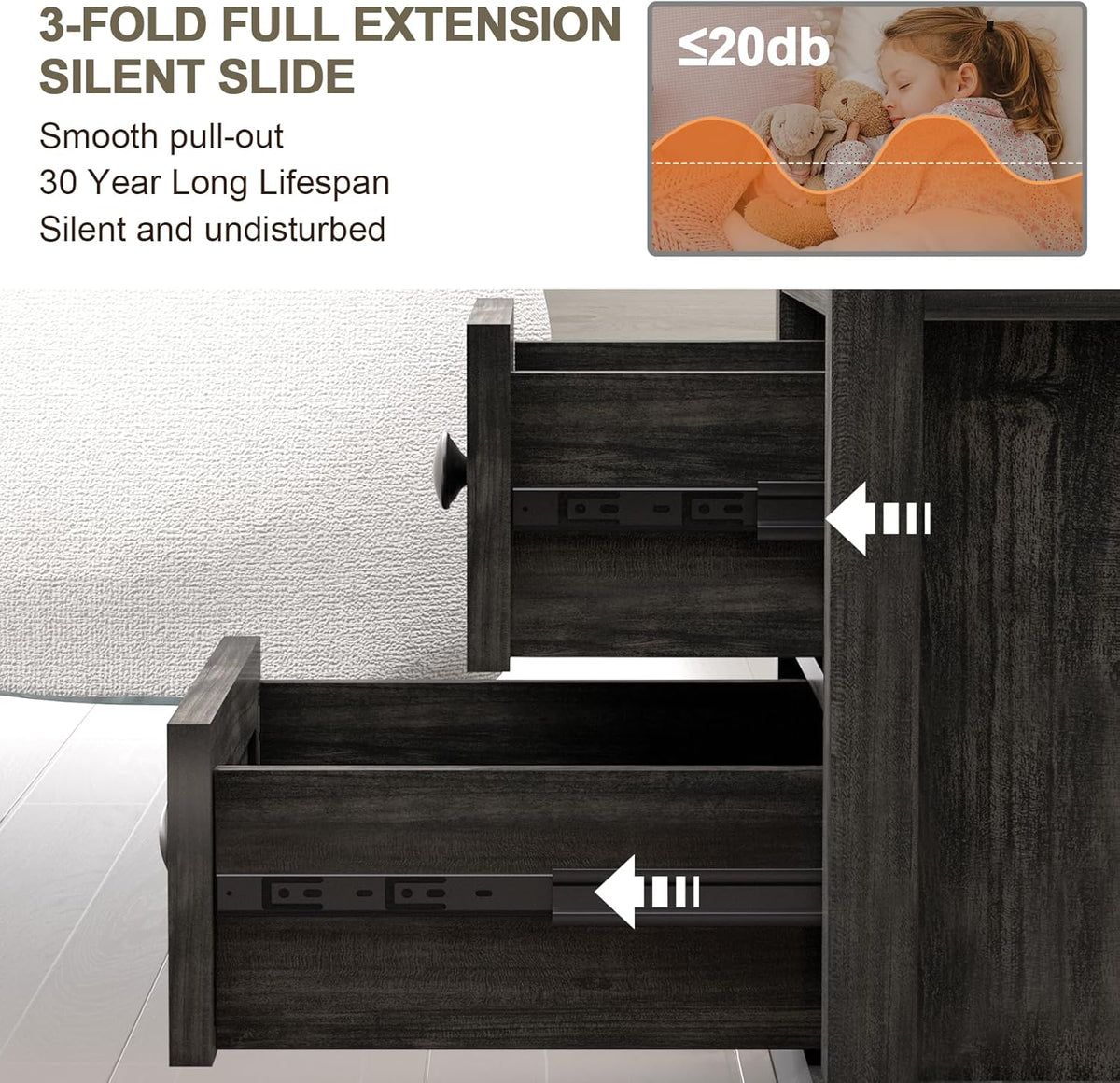 End Table with Fast USB C Charging Station,18" Wide Sofa Side Table with 2 Drawers, Large Storage Rustic Wood Square Storage Cabinet for Living Room, Bedroom, Office, Black