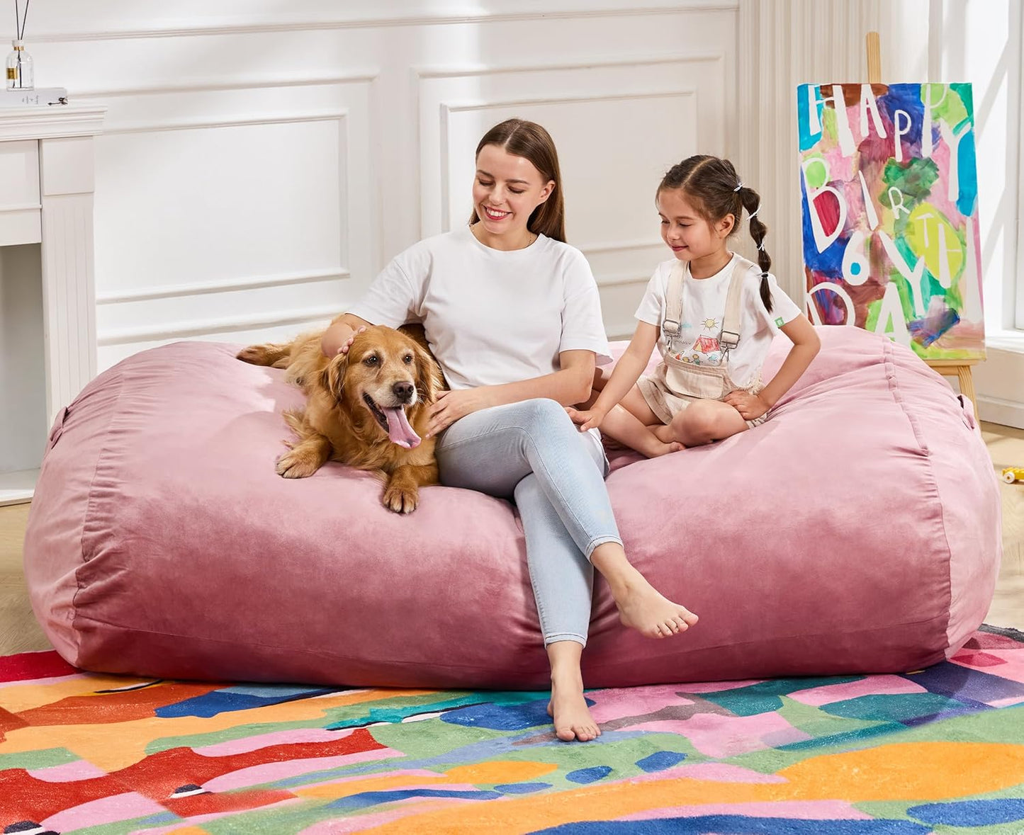 Hobestluk 6FT Bean Bag Chair Large Beanbag Lounger with Removable Cover Adult Bean Bag Chair with Portable Handle Desgin for Living Room Bedroom (Pink, 6FT)