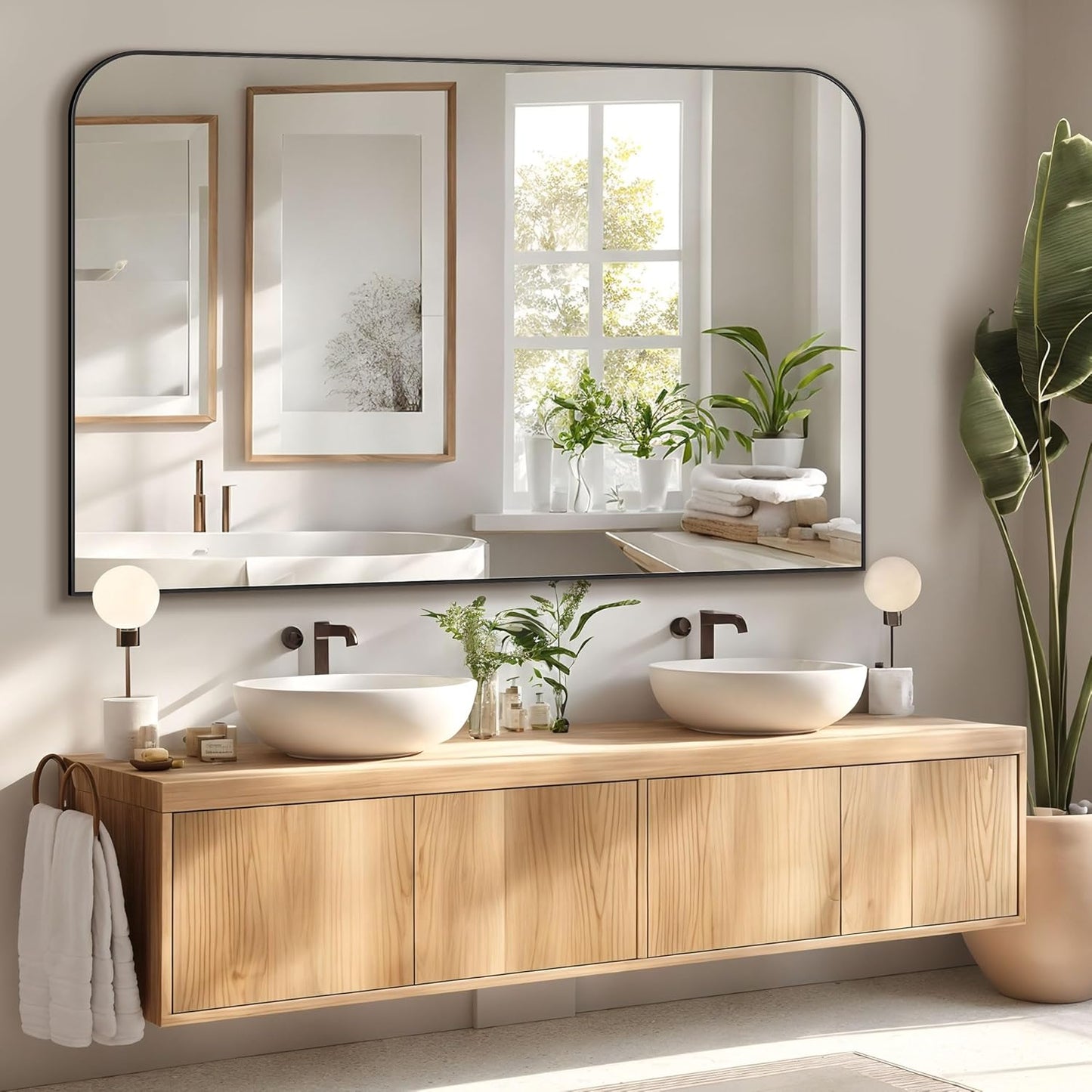 Bathroom Mirror, Wall Mirrors, Black Metal Framed Wall-Mounted Mirrors, Bathroom Vanity Mirror for Over Sink, Living Room, Bedroom, Entryway, 48x32 Inch, Black