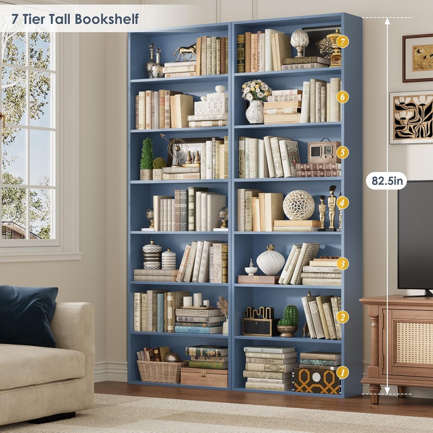 82" Tall Bookshelf, 7-Tier Open Shelves Bookcase, Freestanding Display Storage Shelves, Tall Bookcase Home Decor Furniture for Home Office, Living Room, Bedroom, Blue