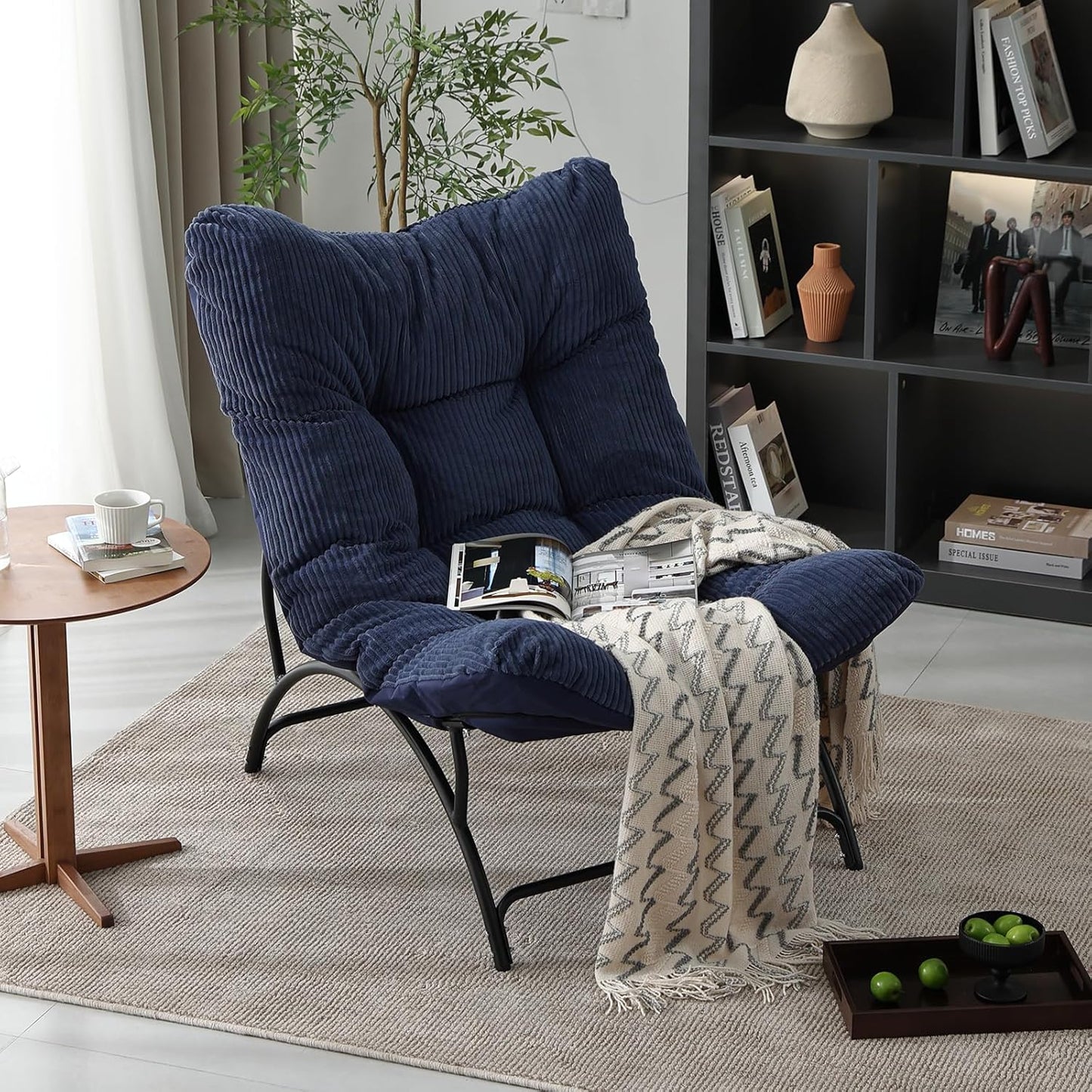 Welnow Accent Lounge Lazy Chair, Comfy Soft Leisure Metal Frame Reading Chair, Upholstered Thick Cushion Seated Recliner Sofa for Living Room, Bedroom, Dorm, Navy
