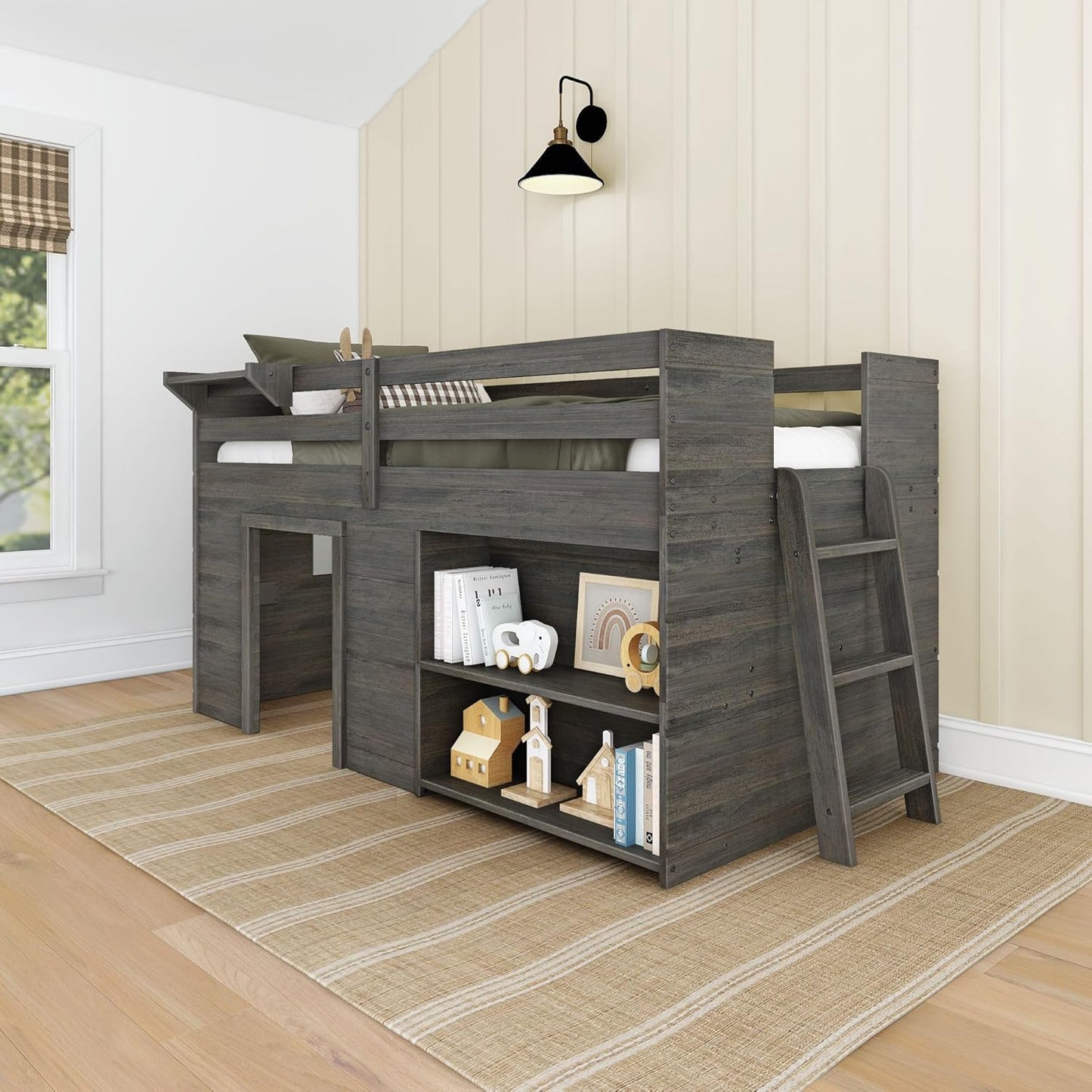 Max & Lily Modern Farmhouse Twin Low Loft Bed with Bookcase - Solid Wood, 15” Guardrails, 400-lb Capacity, Low-VOC Finish, Driftwood