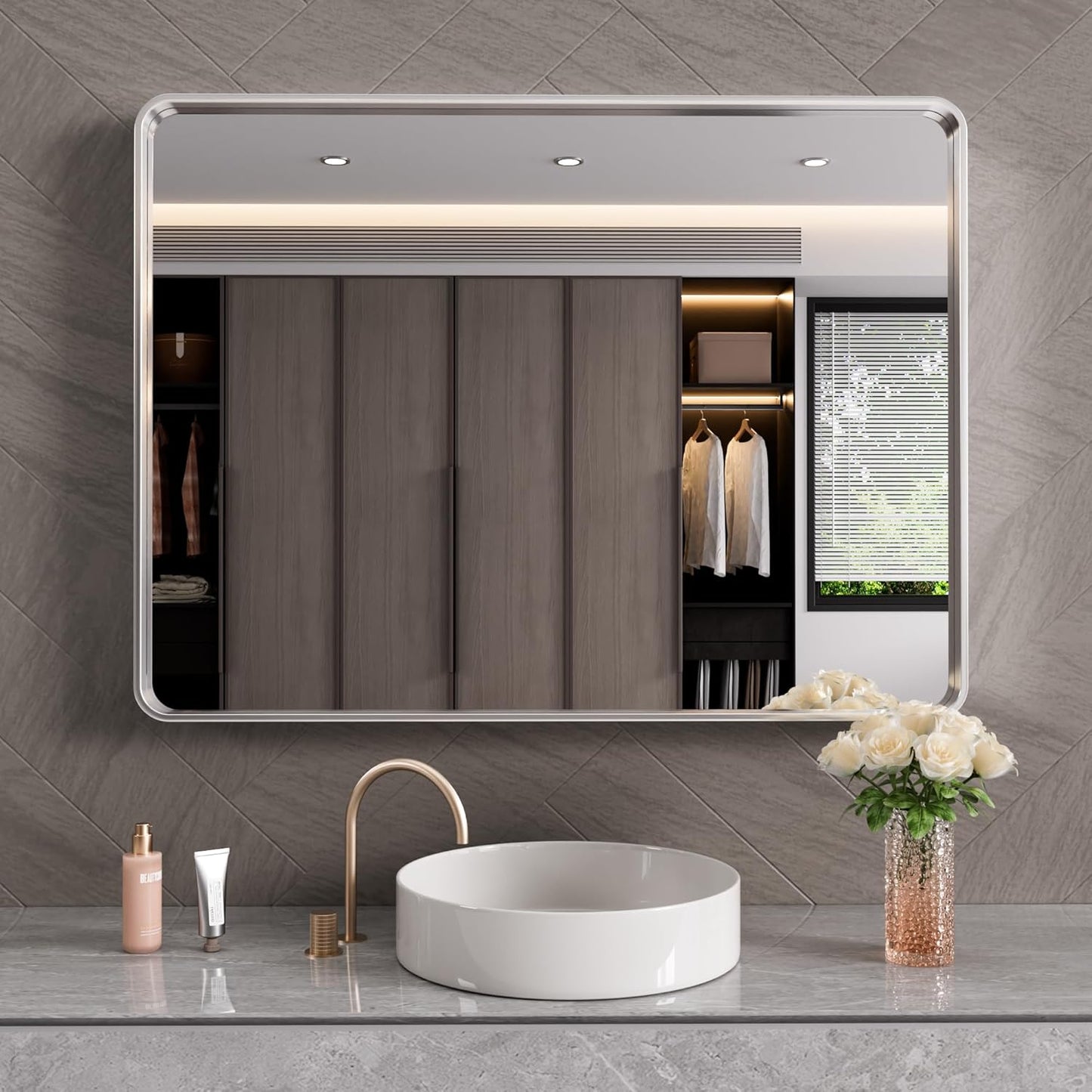 Brushed Nickel Bathroom Mirror 48x40 Inch, Brushed Silver Metal Frame Mirror Wall Mounted, Rounded Rectangle Bathroom Vanity Mirror, Tempered Glass, Anti-Rust, Horizontal/Vertical