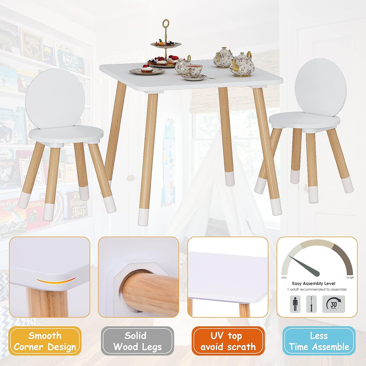 UTEX Kids Table with 2 Chairs Set for Toddlers, Boys, Girls, 3 Piece Kiddy Table and Chairs Set, White