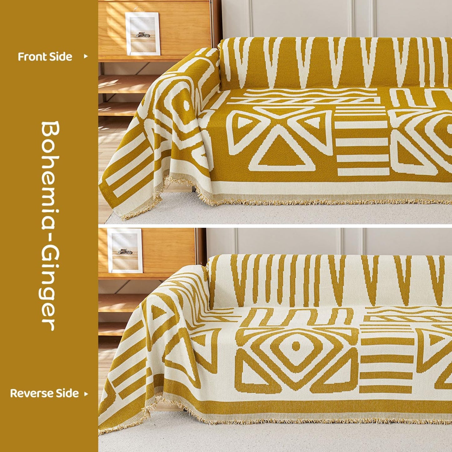 STACYPIK Boho Mustard Yellow Couch Cover Sofa Cover for Dogs Reversible Furniture Protector for 2 Cushion Couch Washable Sectional Sofa Covers Loveseat Cover Non Slip Pet Protector Cover-71X90IN