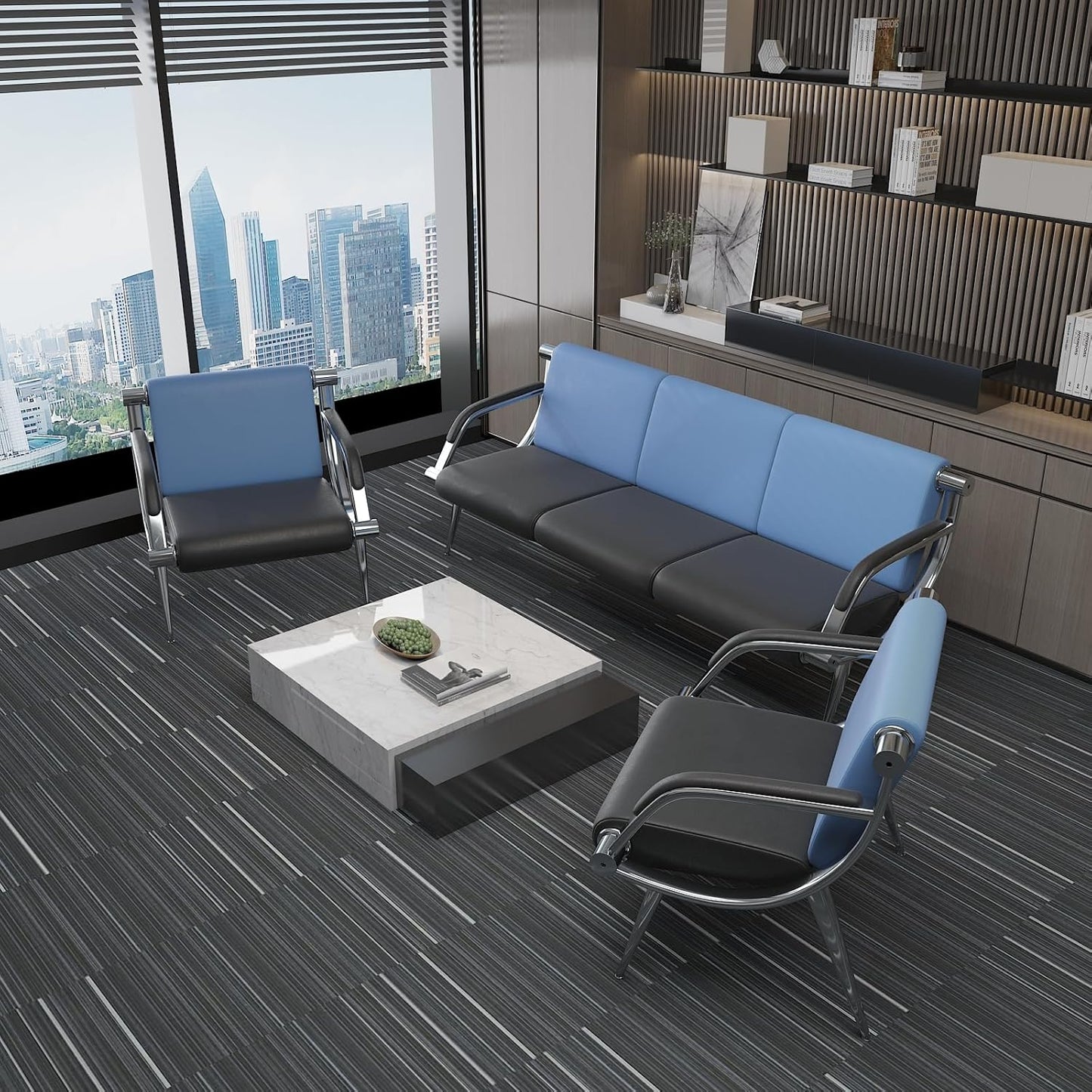 wonline 4 Seat Waiting Room Chair with Armrest PU Leather Office Furniture, Office Guest Seating Lobby Conference Reception Chairs for Airport Clinic Hospital Bank Salon Barber(Blue&Black)