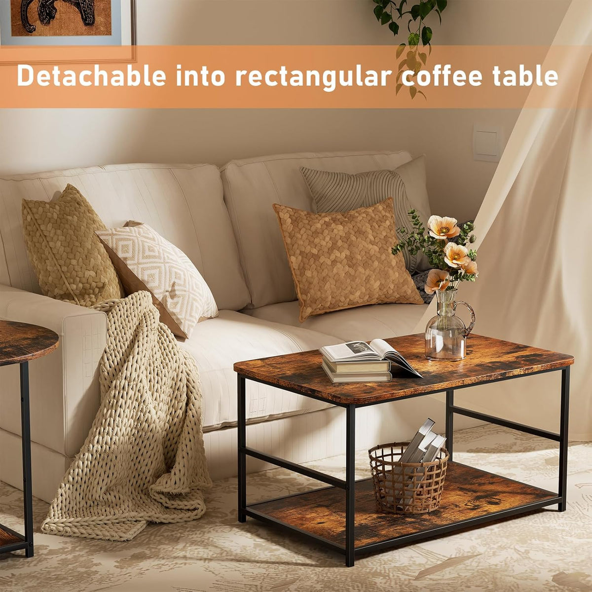 WOHOMO Coffee Table, Mid Century Modern Coffee Table for Living Room Rustic Farmhouse Center Table 2 in 1Detachable Table Set, Rustic Brown