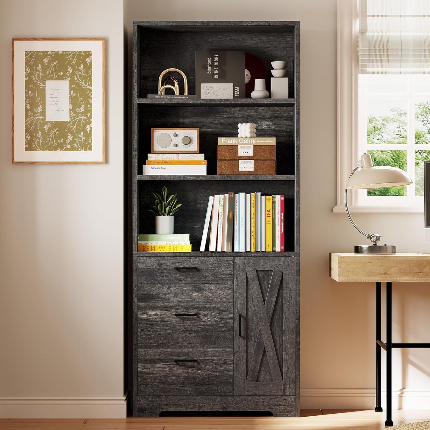 IRONCK Bookshelf with Door and 3 Drawers, 71in Tall Bookcase Shelf with 3-Tier Shelves, for Bedroom Living Room Entrance Hallway Home Office
