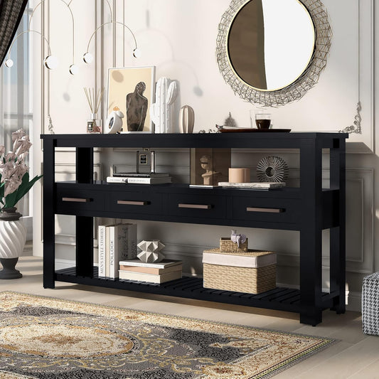 Ball & Cast 62.2“ Contemporary 4 Drawers Console Table, Long Entryway Table with Drawer & 3 Tier Shelves, Modern Storage Sofa Table, Farmhouse Wood Couch Table for Entrance Hallway Living,Black