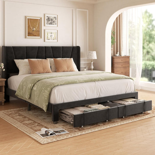King Bed Frame with Storage Drawers, Upholstered Platform Bed with Headboard and Wingboard, No Box Spring Needed, NO Noise, Easy Assembly, Wooden Support Slats, Black