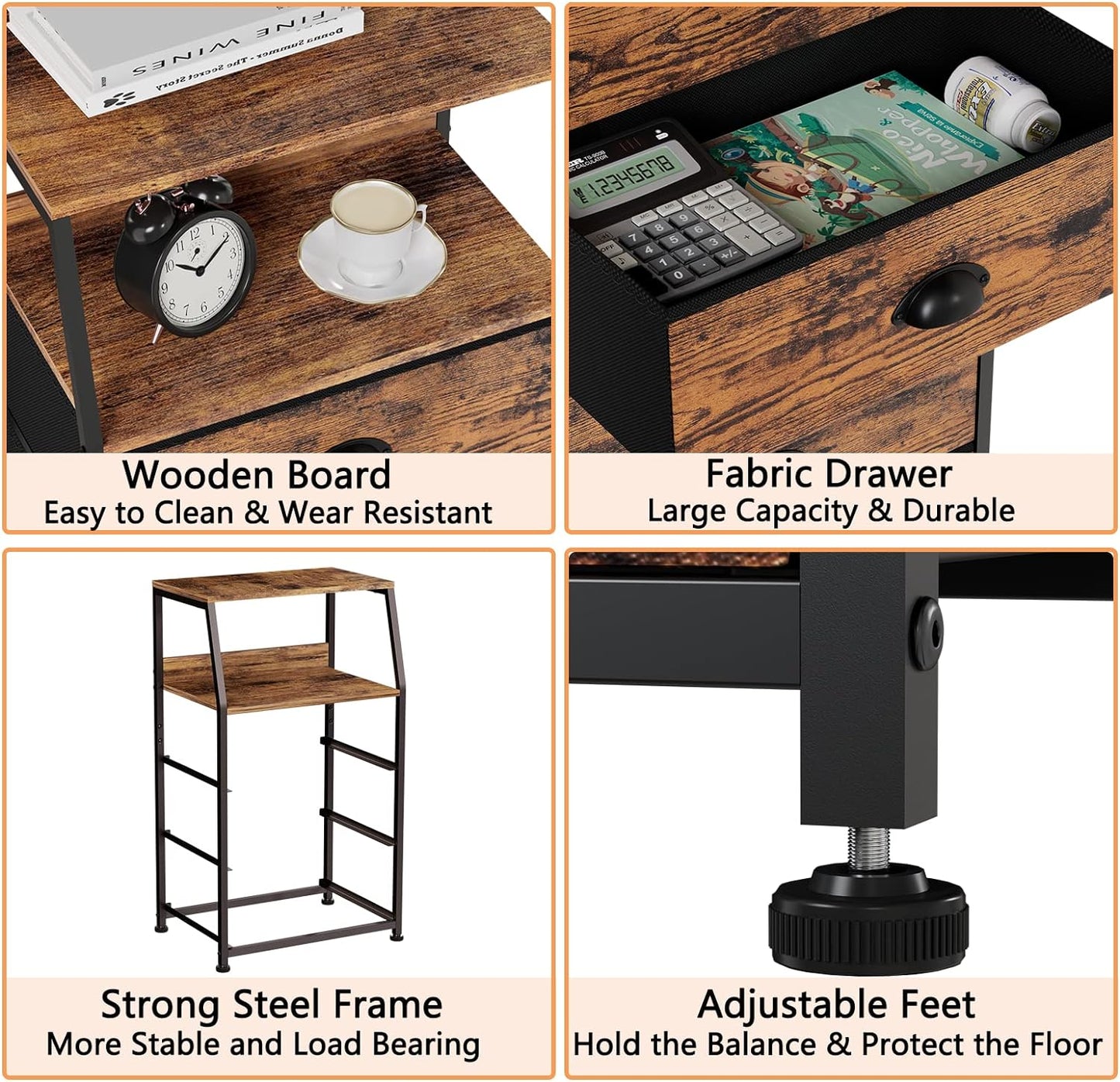 Furnulem Nightstand with 3 Drawers and 2-Tier Shelf, Fabric Small Dresser Organizer Vertical Storage Tower for Bedroom, Closet, Hallway, Nursery, End Table Side Furniture, Sturdy Steel Frame, Wood Top