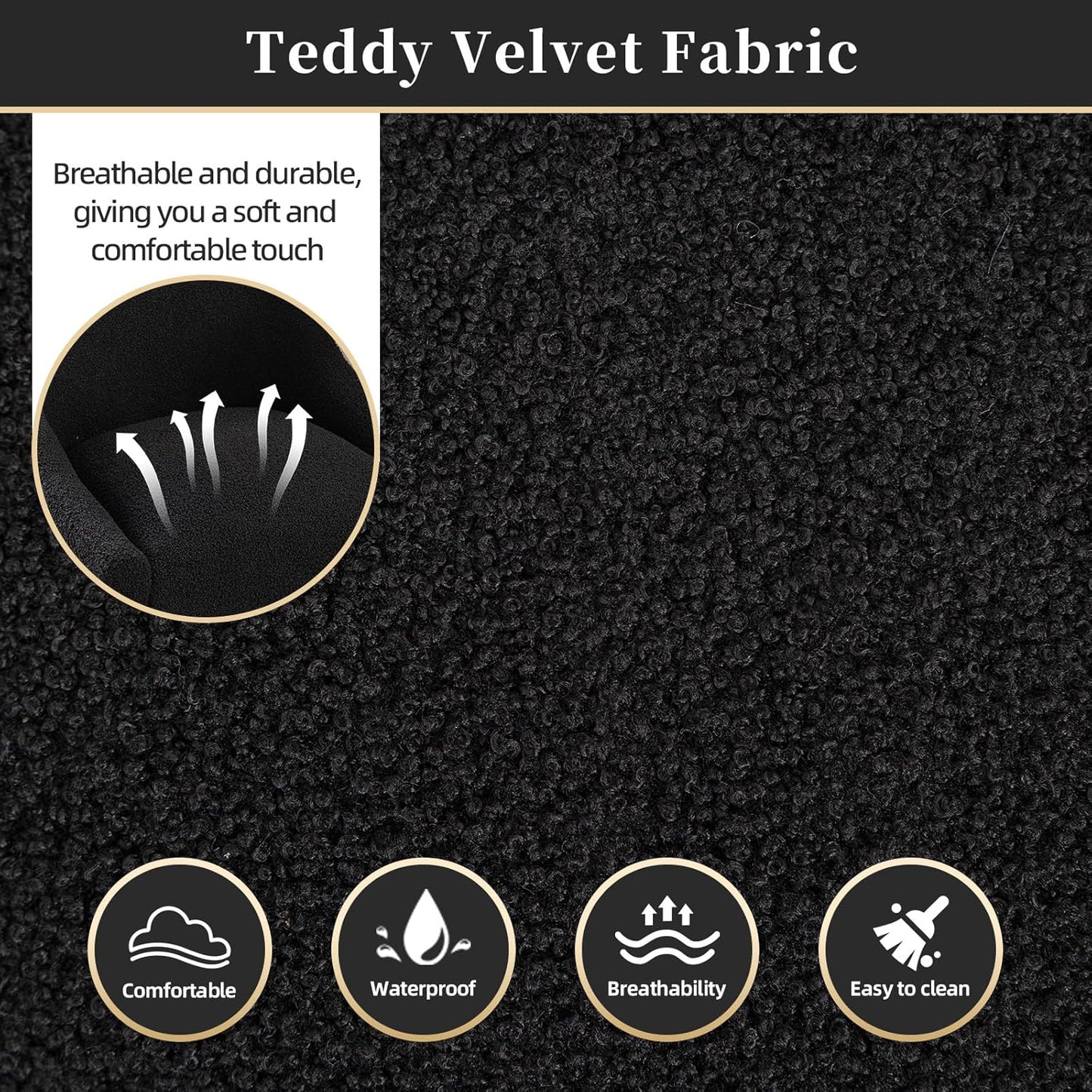 Modern Velvet Dining Chairs Set of 2, Contemporary Upholstered Furniture Collection with Polished Gold Metal Legs, Elegant Accent Chairs for Kitchen Living Room(Teddy Fleece,Black)
