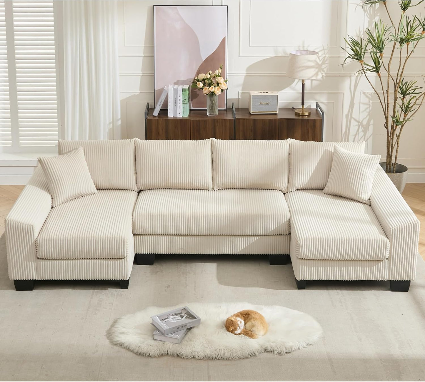 Symmetrical U Shaped Sectional Sofa Convertible Pull Out Sleeper Sofabed with Double Chaise Daybed , Corduroy Upholstered U Shaped Lounge Sofa Couch Bed w/ Throw Pillows for Living Room Apartment