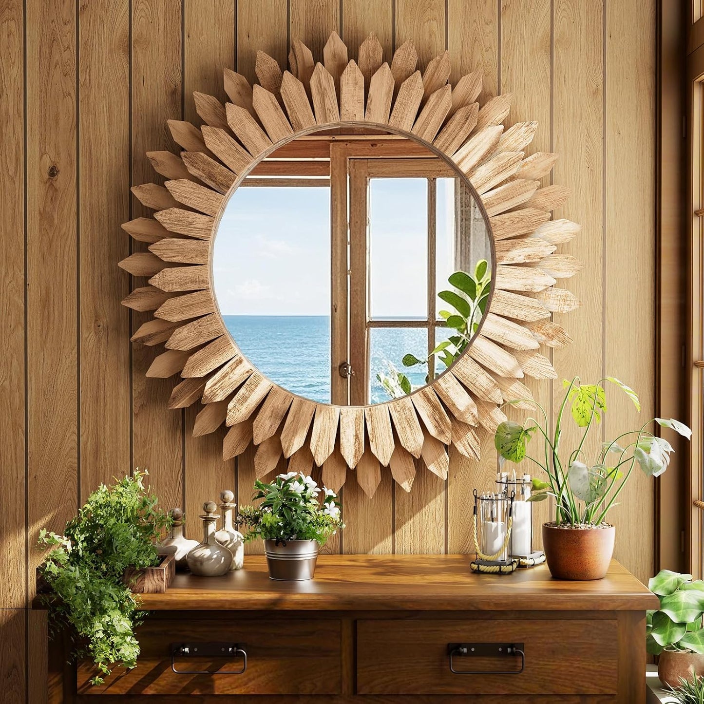 24 Inch Brown Boho Wall Decor Sunburst Mirror - Round Wooden Wall Decor, Handmade Rustic Circular Mirror for Living Room, Bedroom, Entryway, Office