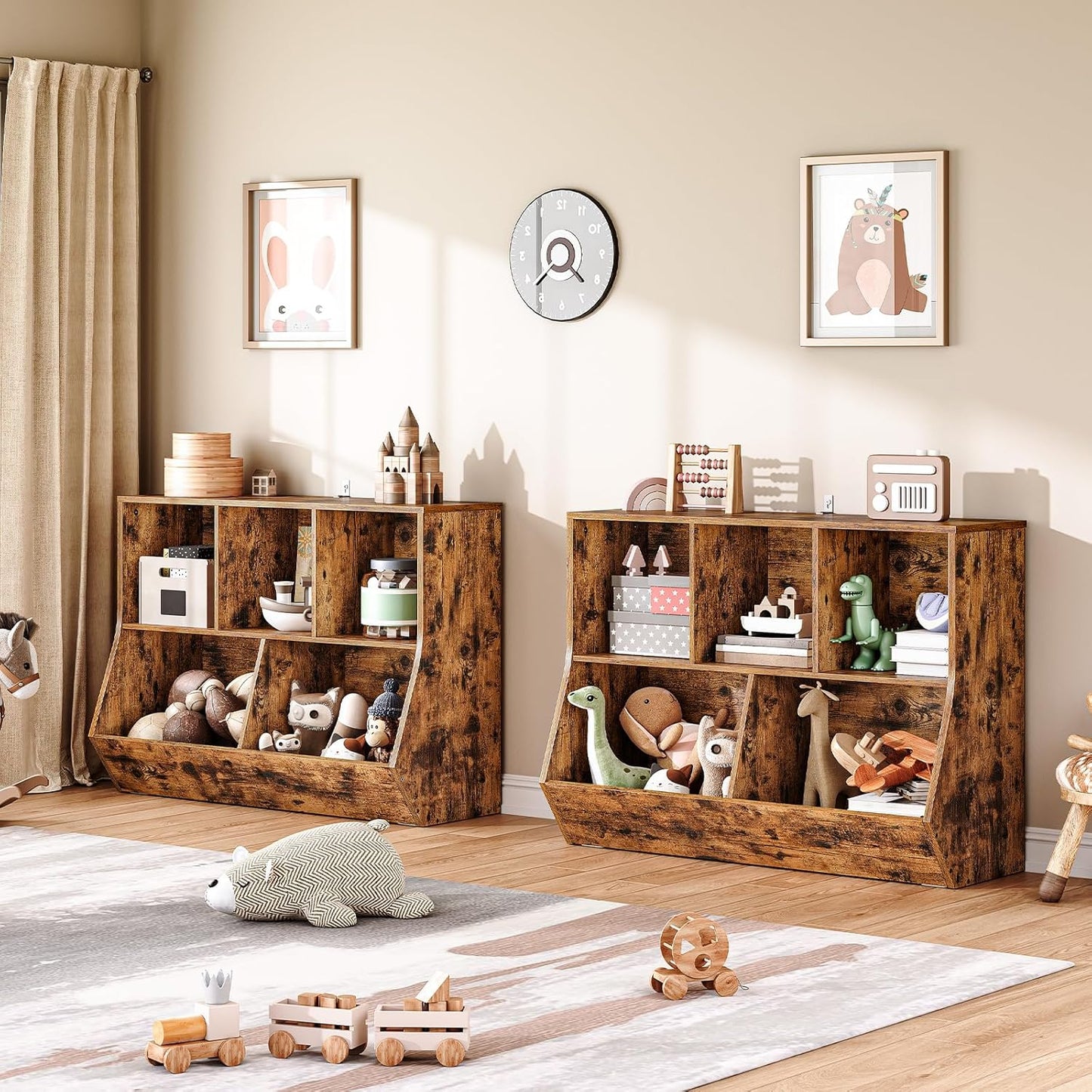 HOOBRO Kids Bookshelf, Bookcase Footboard, Toy Storage Cubby, Children's Toy Shelf, 39.4" L Toy Storage Cabinet, Fit for Children's Room, Playroom, Hallway, Kindergarten, Rustic Brown BF132CW01