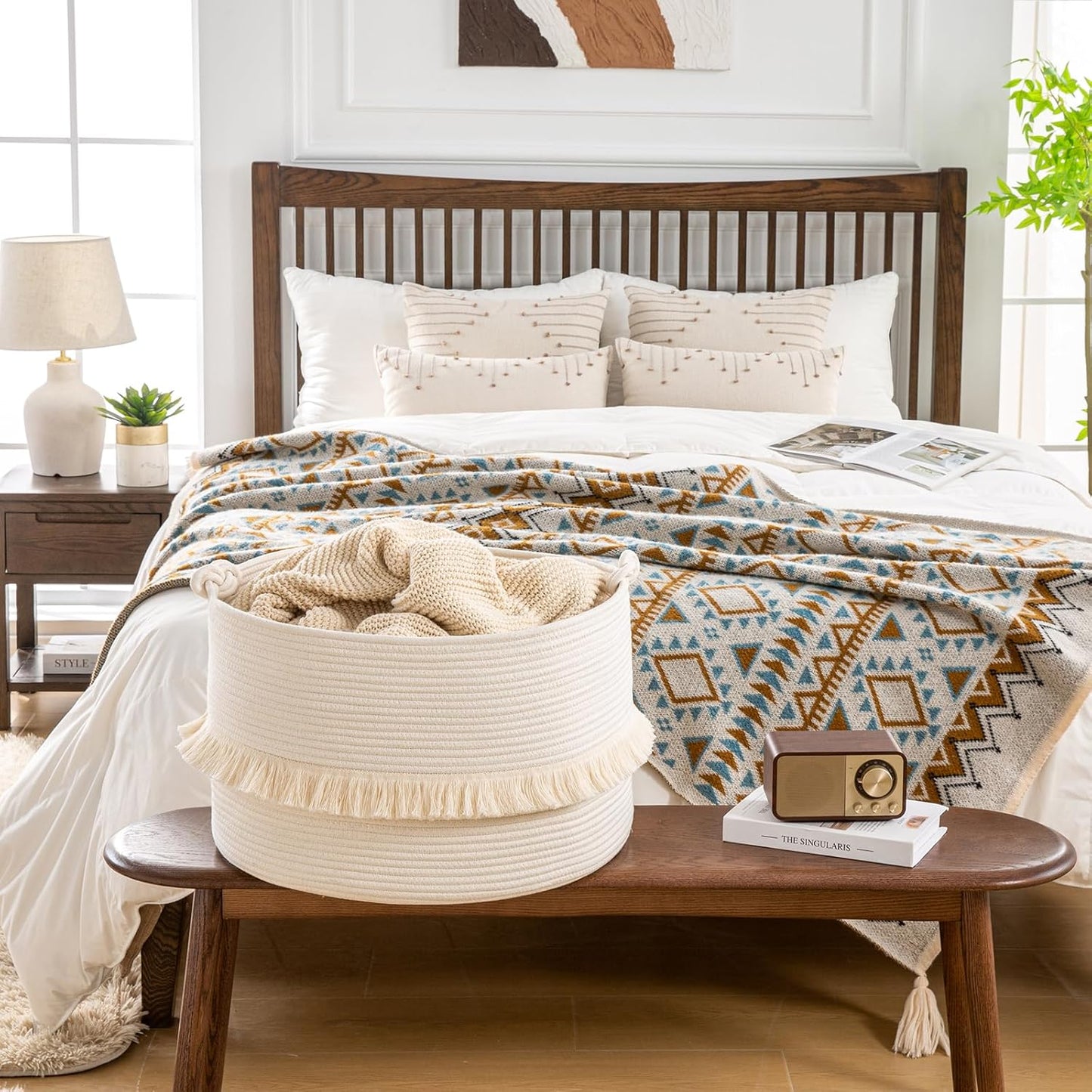 KAKAMAY Large Blanket Basket (20"x13"),Woven Baskets for storage Baby Laundry Hamper, Cotton Rope Blanket Basket for Living Room, Laundry, Nursery, Pillows, Baby Toy chest (White)