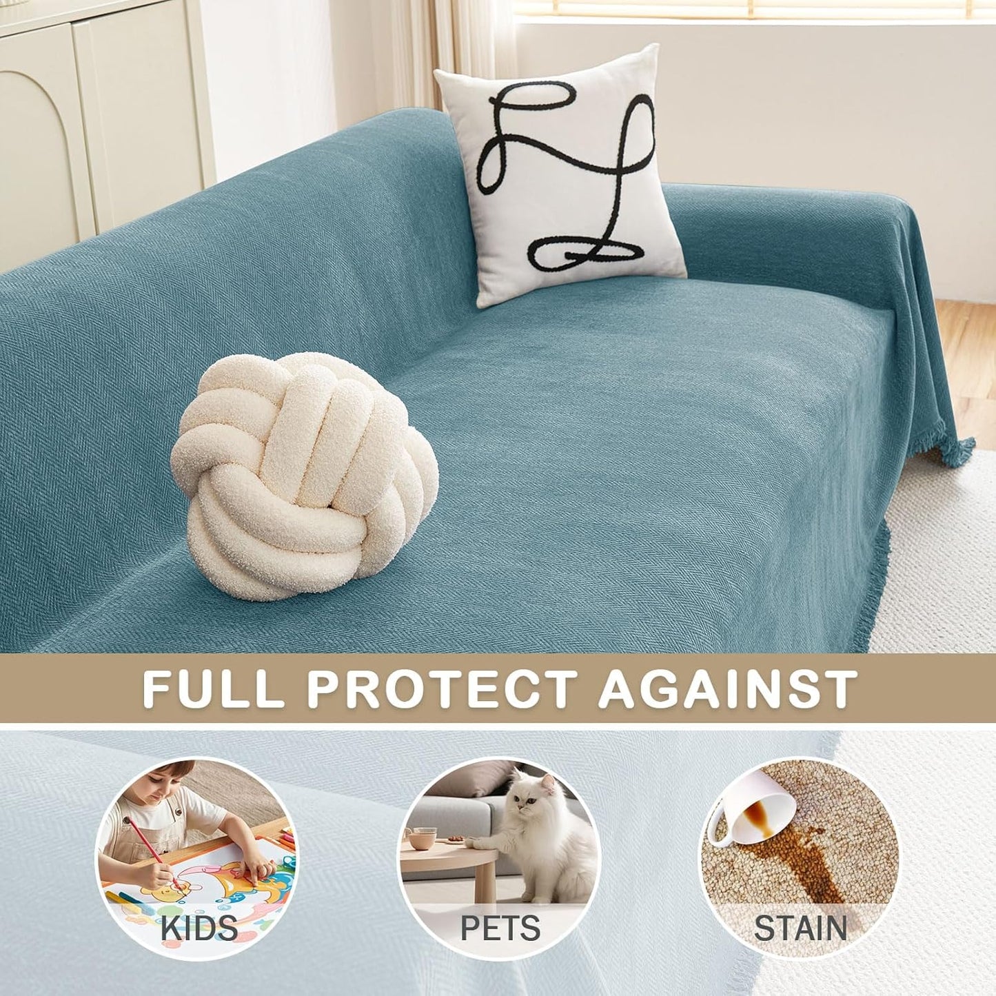 hyha Couch Cover for Dogs, Boho Sofa Covers for 3 Cushion Couch Washable, Chenille Sofa Slipcover for Pets, Soft Loveseat Sectional Couch Throw Blankets with Tassels (Blue, 71x118 Inch)