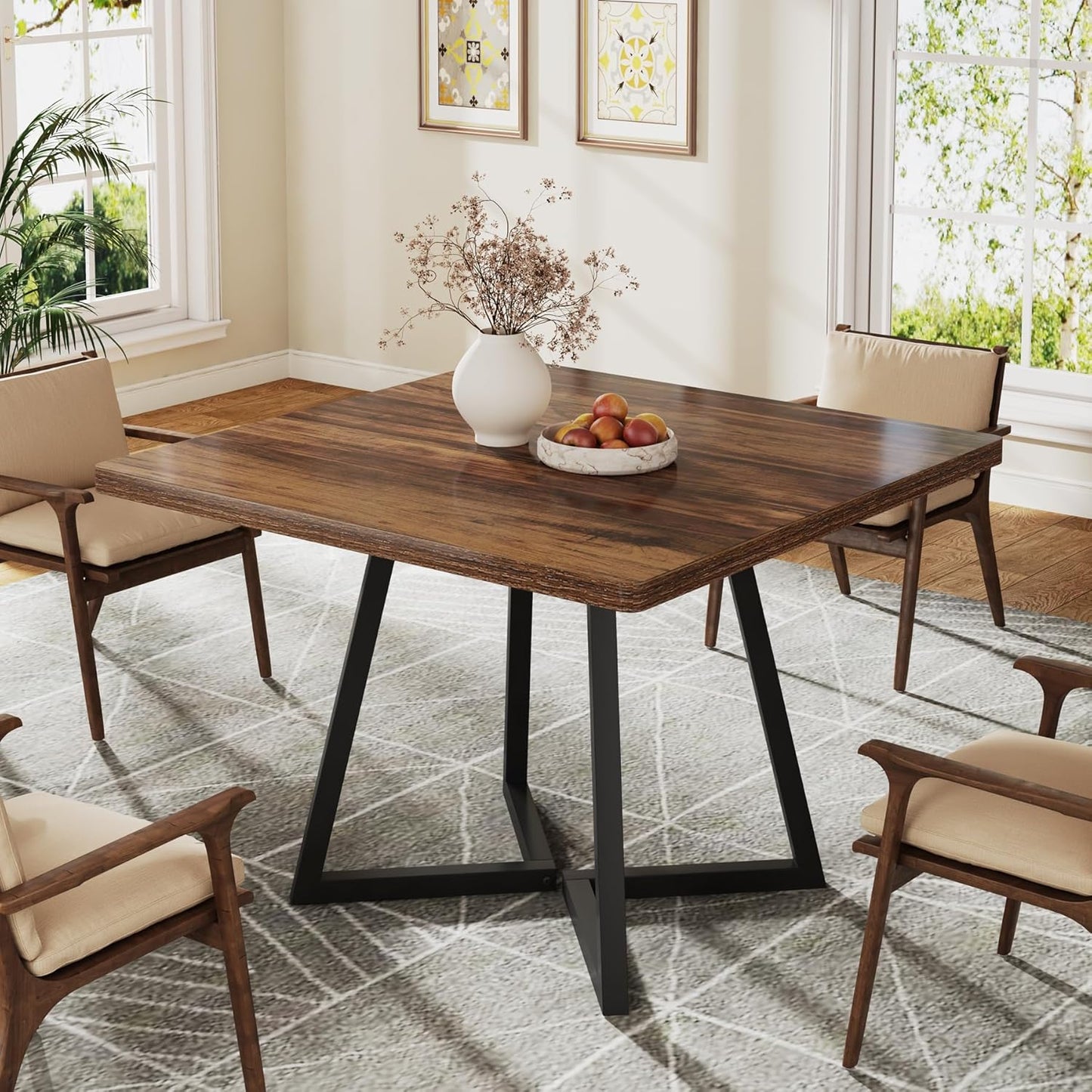 Tribesigns Square Dining Table for 10, 31.5" Industrial Dinner Table with Metal Base, Kitchen Table for Dining Room, Small Space, Apartment, Rustic Brown & Black
