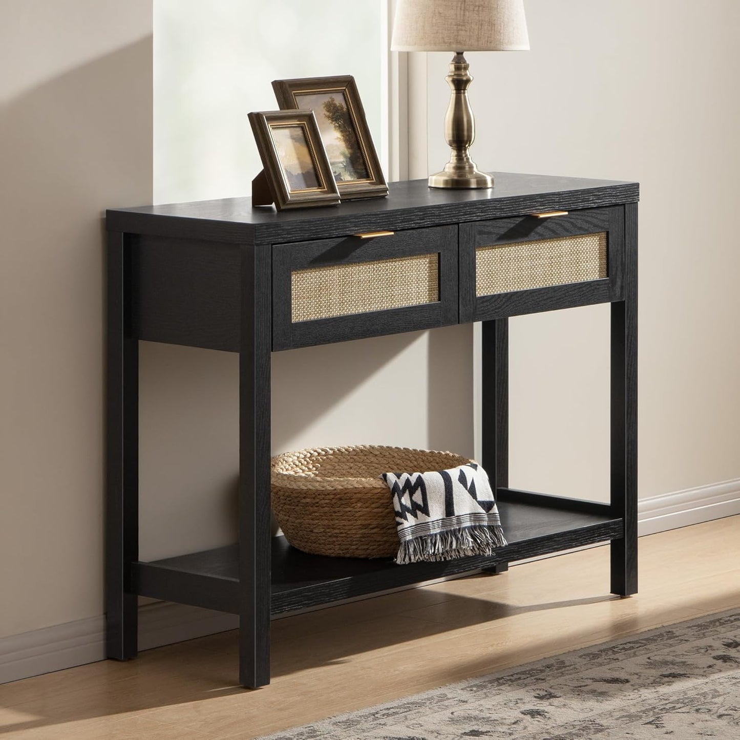 SICOTAS Black Console Table with Rattan Drawers - Boho Rattan Entryway Table with Storage, Small Console Tables for Entryway, Entry Table for Hallway, Sofa Table
