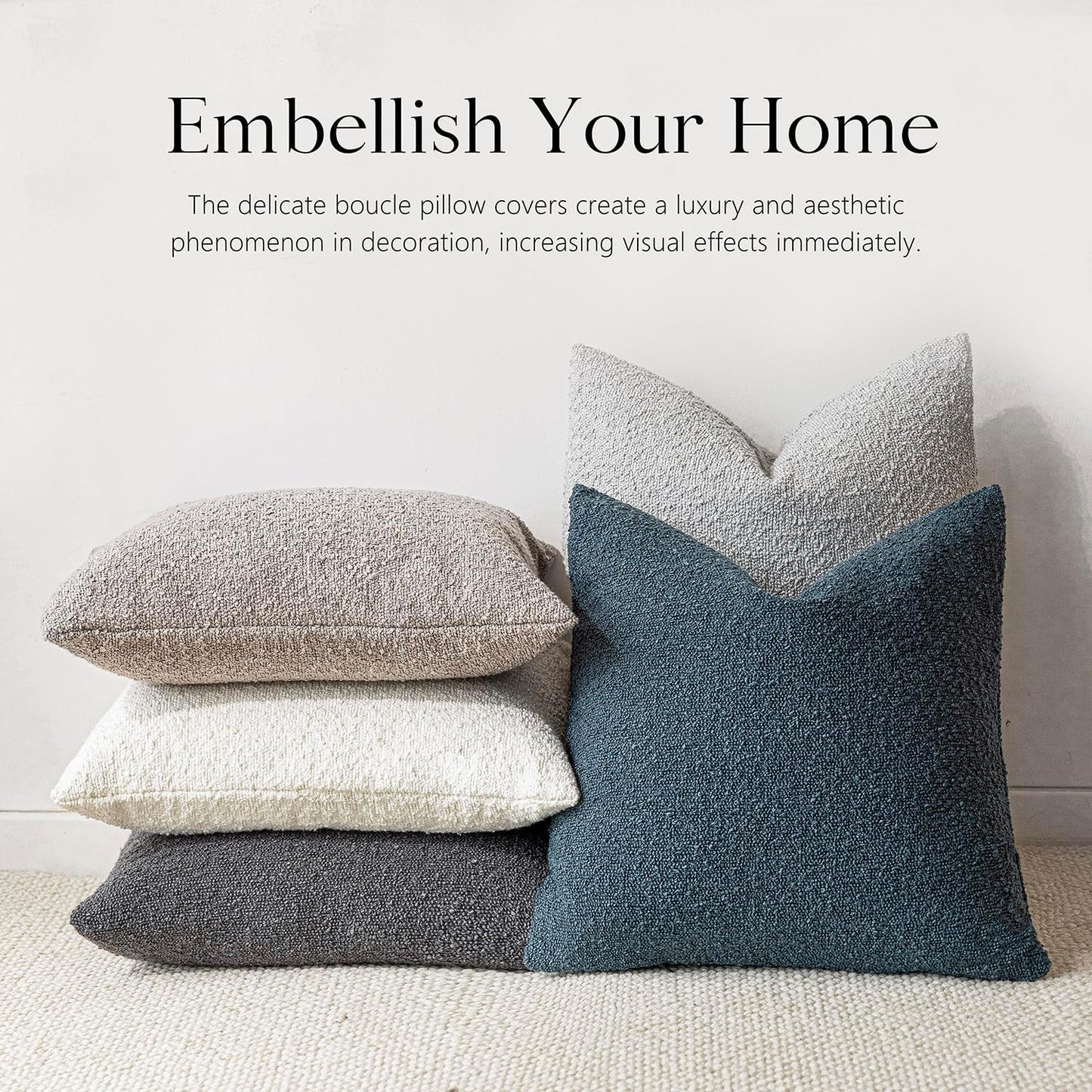 Foindtower Set of 2, Decorative Textured Boucle Throw Pillow Covers Accent Solid Pillow Cases Neutral Soft Cozy Couch Cushion Case for Chair Sofa Bedroom Living Room Home Decor 24 x 24 Inch Blue