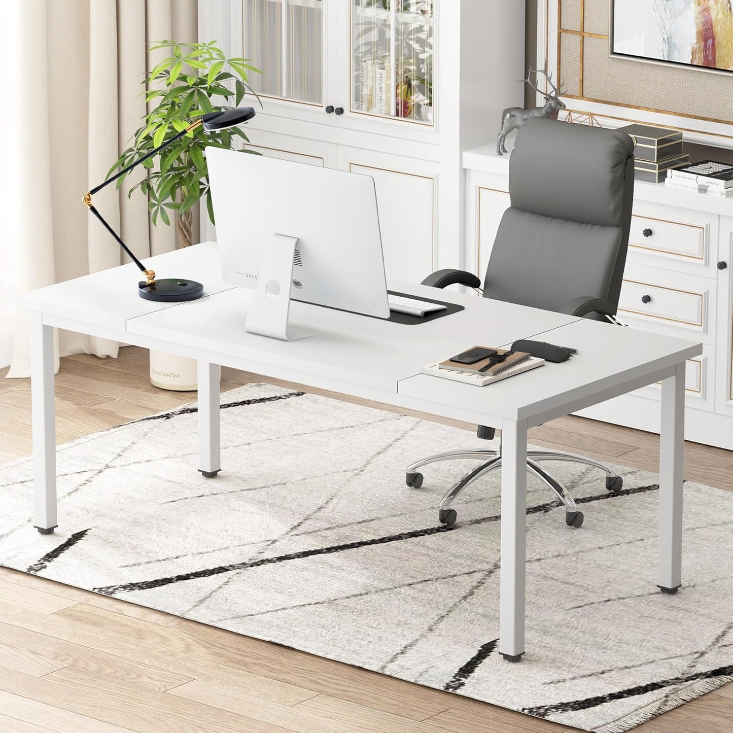 DlandHome Computer Desk, Large Executive Office Desk Computer Table Study Writing Workstation for Home Office,White,70.8 x 31.5 inch