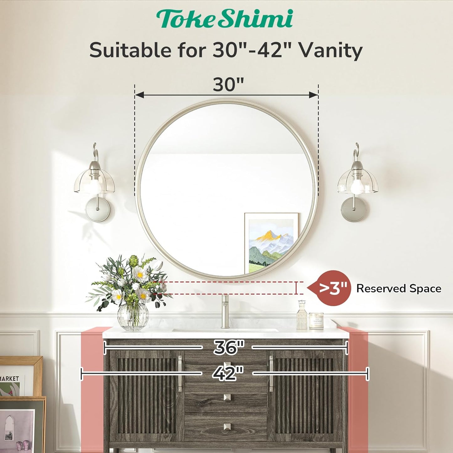 TokeShimi 30 Inch Brushed Nickel Mirror Round Tempered, Shatterproof Bathroom Vanity Mirror Circle, Metal Farmhouse Wall Mounted Mirror for Vanity, Entryway, Bedroom, Restroom, Living Room
